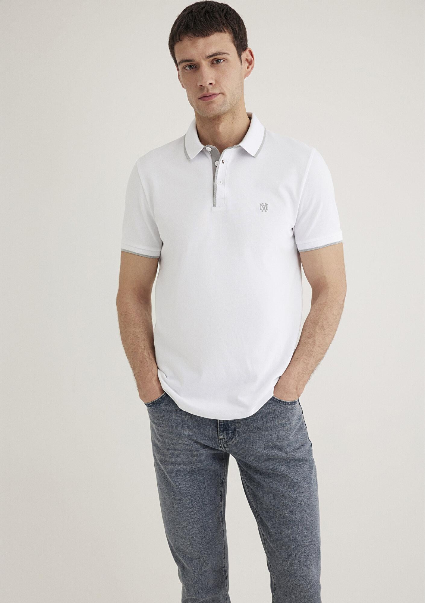 Mavi Yaka Detaylı Beyaz Polo Tişört Fitted / Vücuda Oturan Kesim 062373-27879