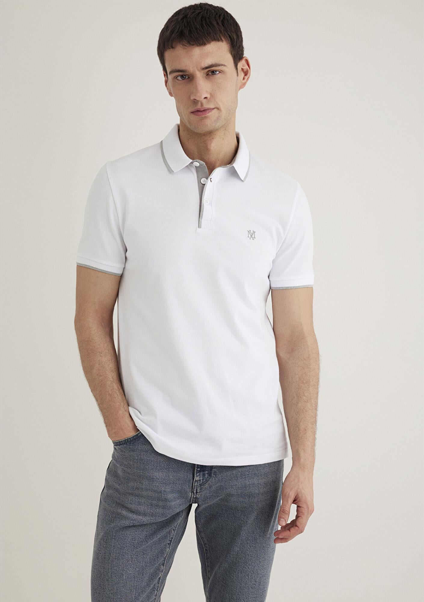 Mavi Yaka Detaylı Beyaz Polo Tişört Fitted / Vücuda Oturan Kesim 062373-27879