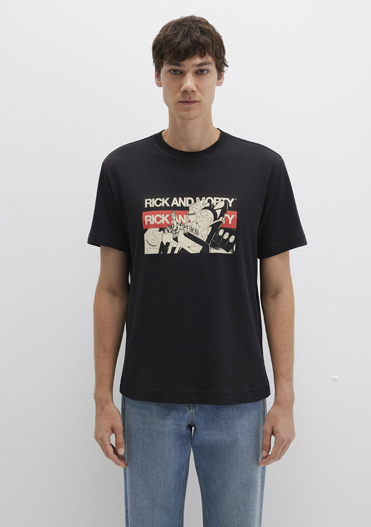 Mavi Rick And Morty Baskılı Siyah Tişört Loose Fit / Bol Rahat Kesim 0612922-900
