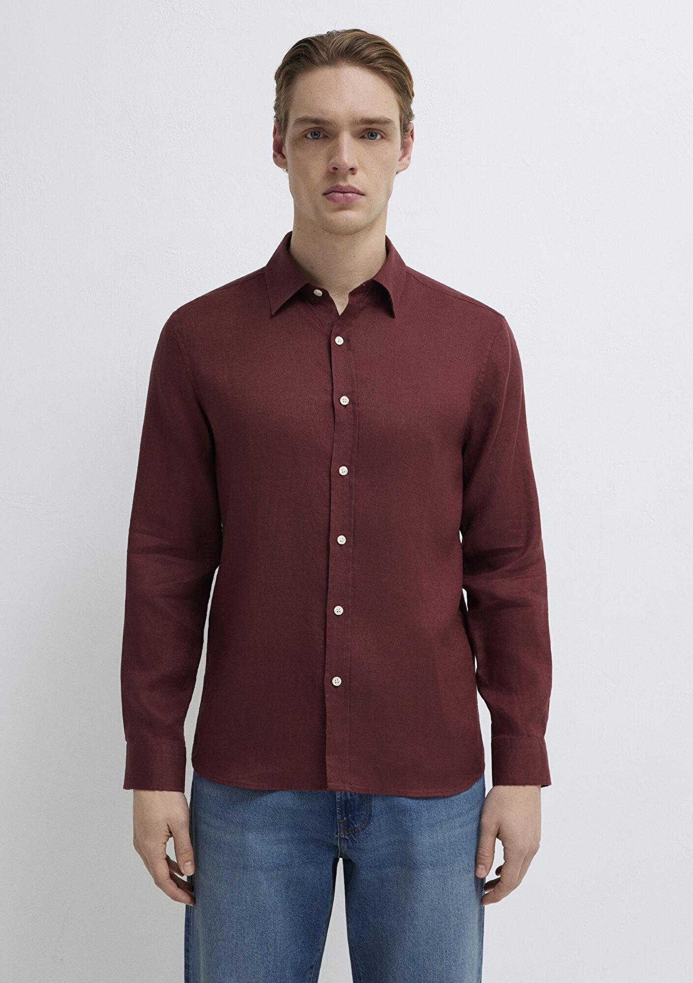 Mavi Bordo Keten Gömlek Slim Fit / Dar Kesim 0211466-70396