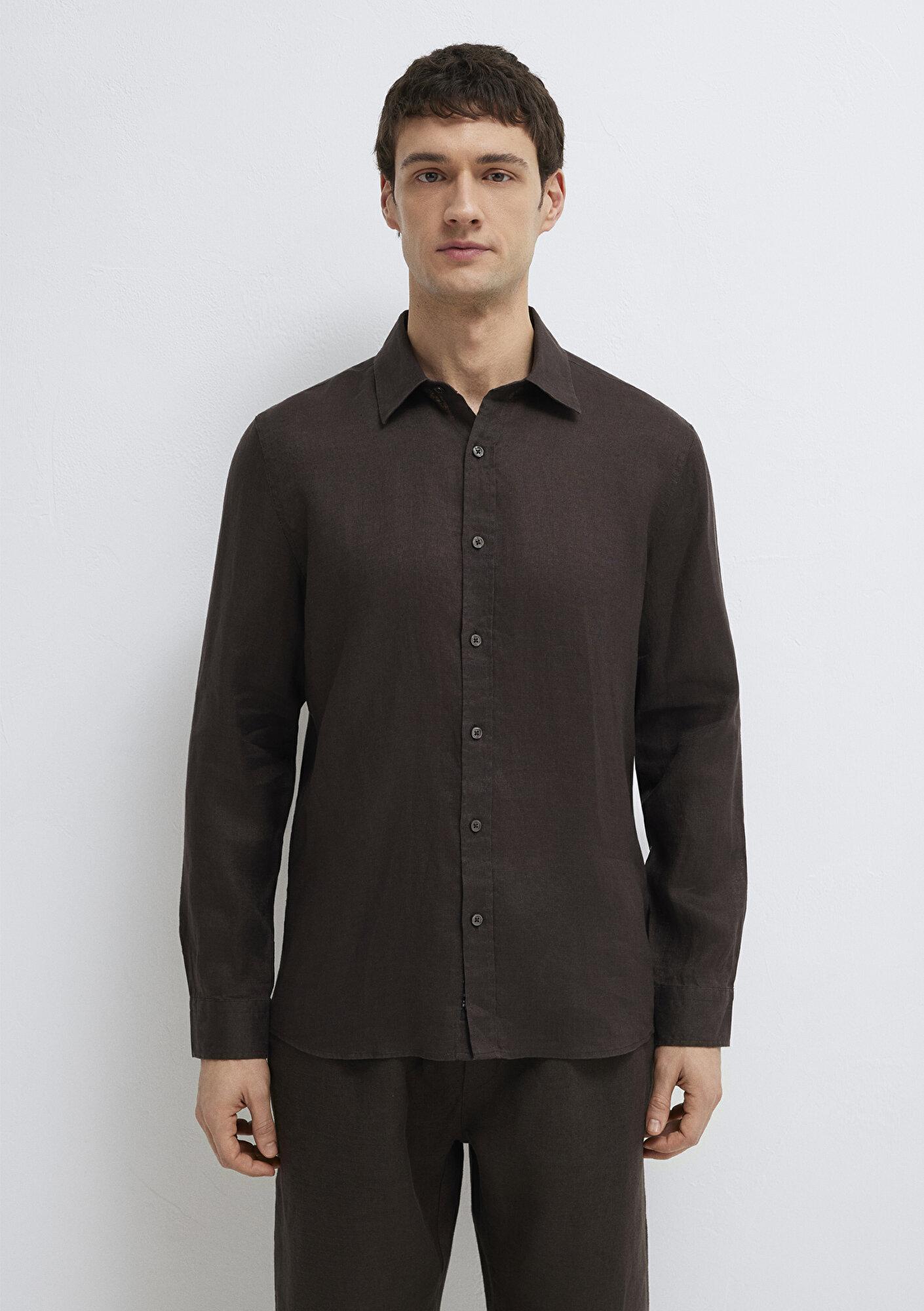 Mavi Kahverengi Keten Gömlek Slim Fit / Dar Kesim 0211466-70219