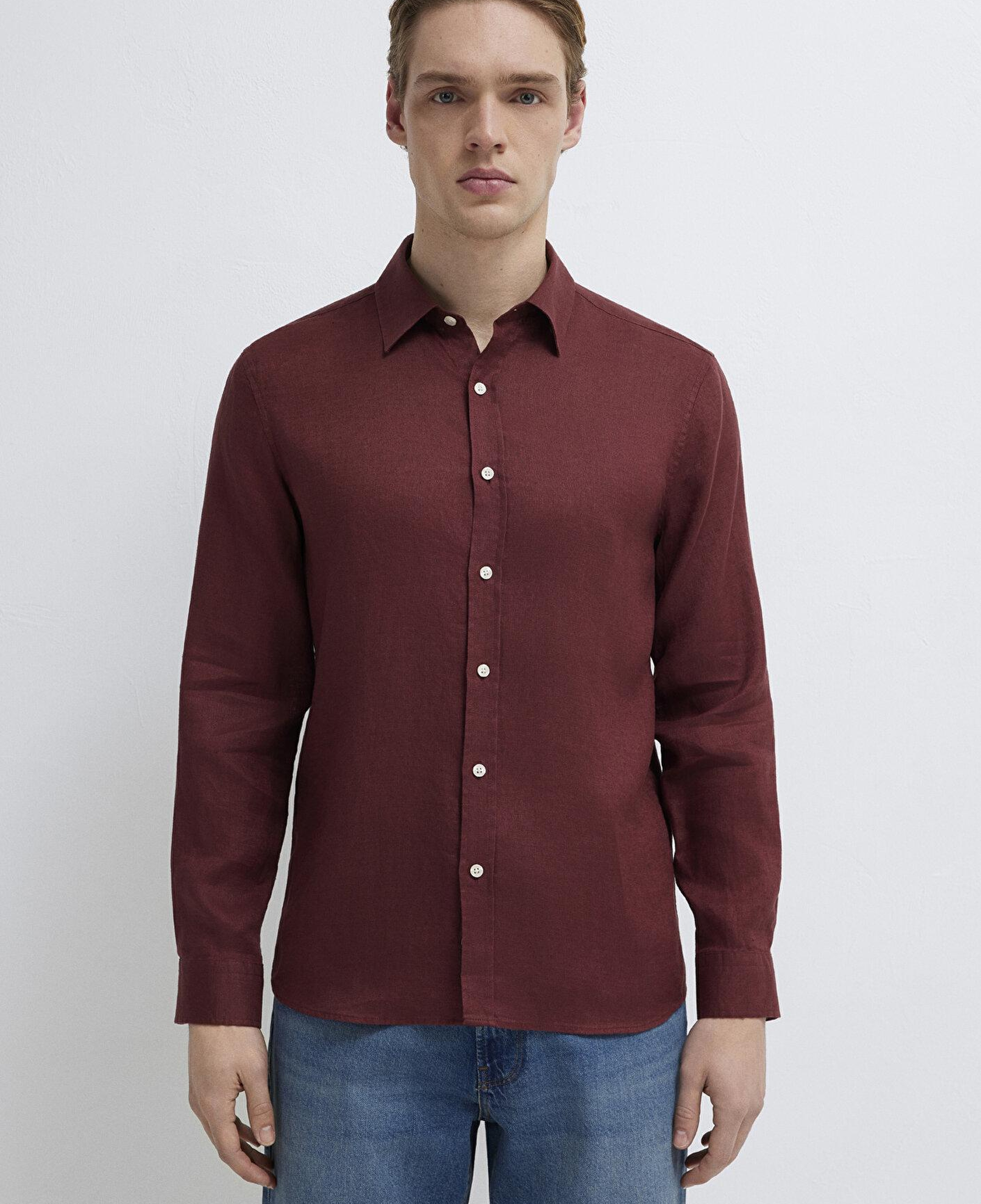 Mavi Bordo Keten Gömlek Slim Fit / Dar Kesim 0211466-70396