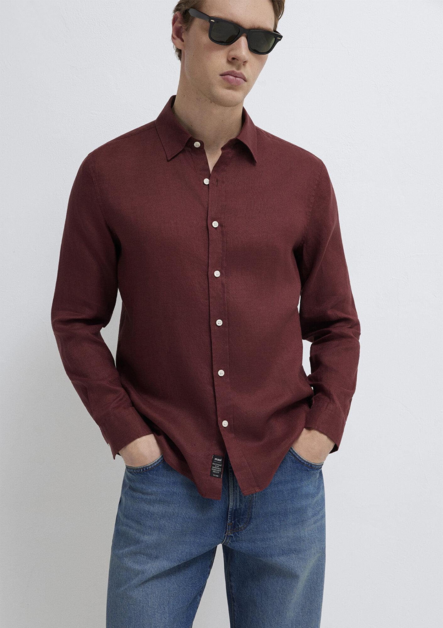 Mavi Bordo Keten Gömlek Slim Fit / Dar Kesim 0211466-70396