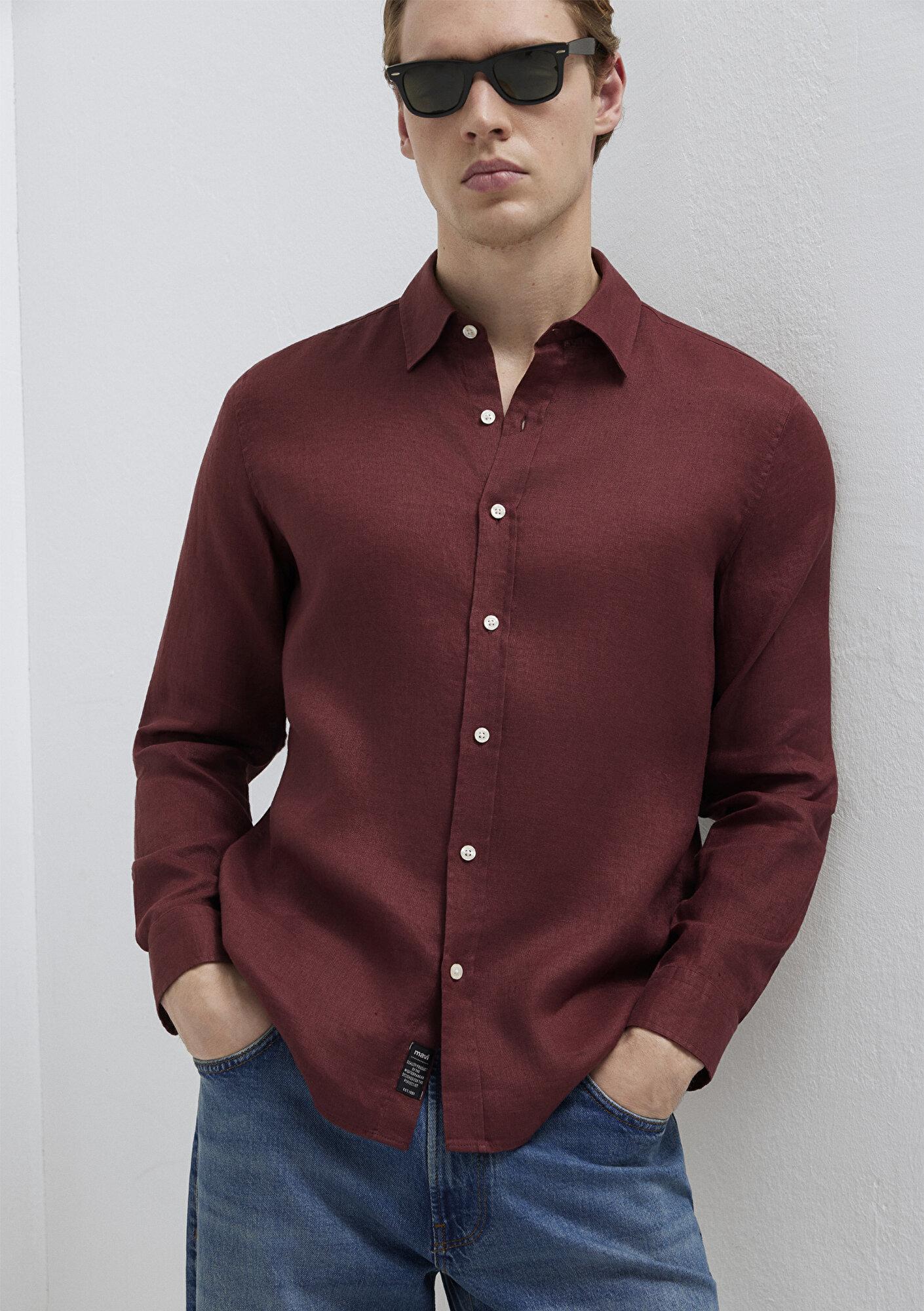 Mavi Bordo Keten Gömlek Slim Fit / Dar Kesim 0211466-70396