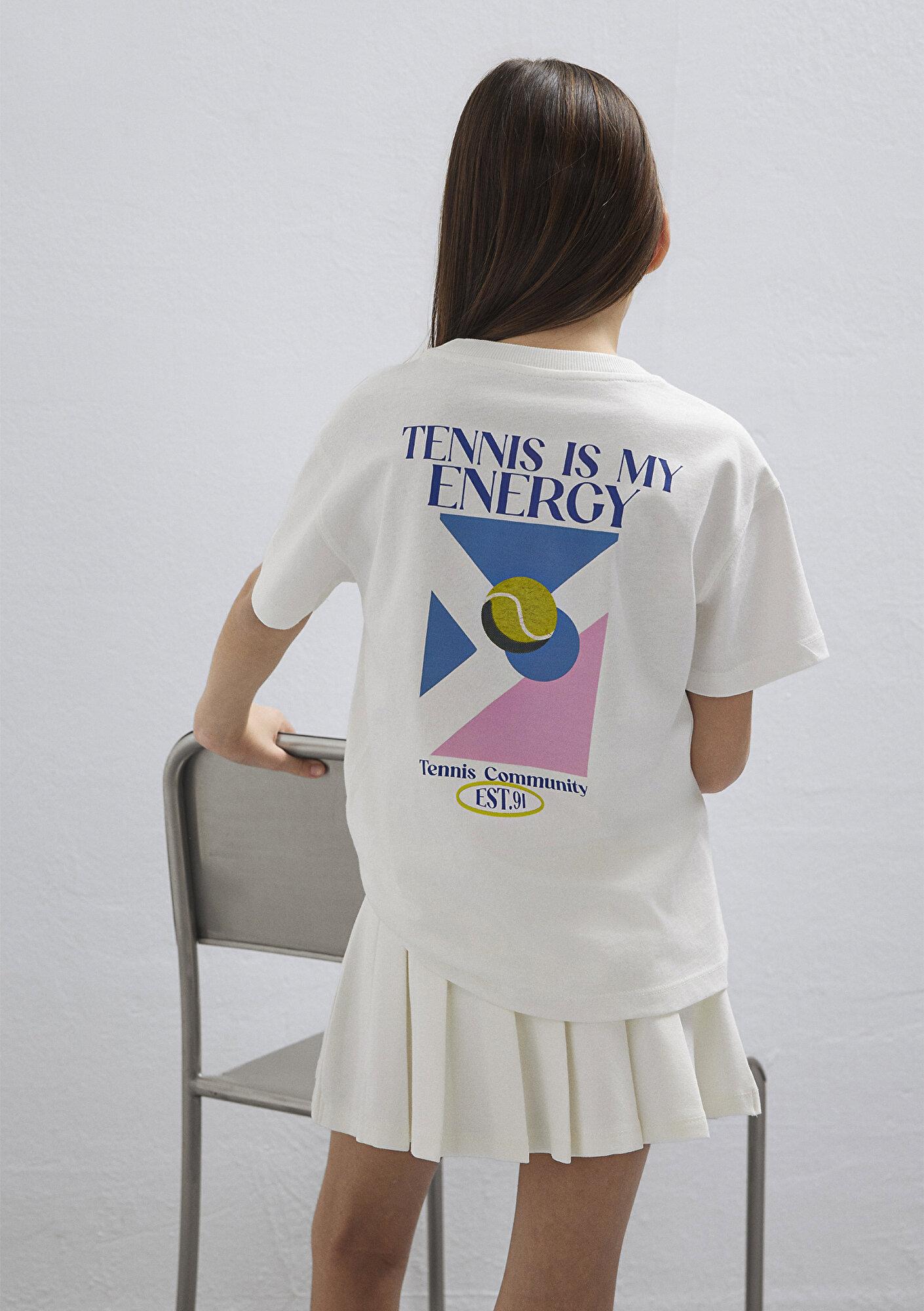 Mavi Tenis Baskılı Ekru Tişört Loose Fit / Bol Rahat Kesim 7610397-70057