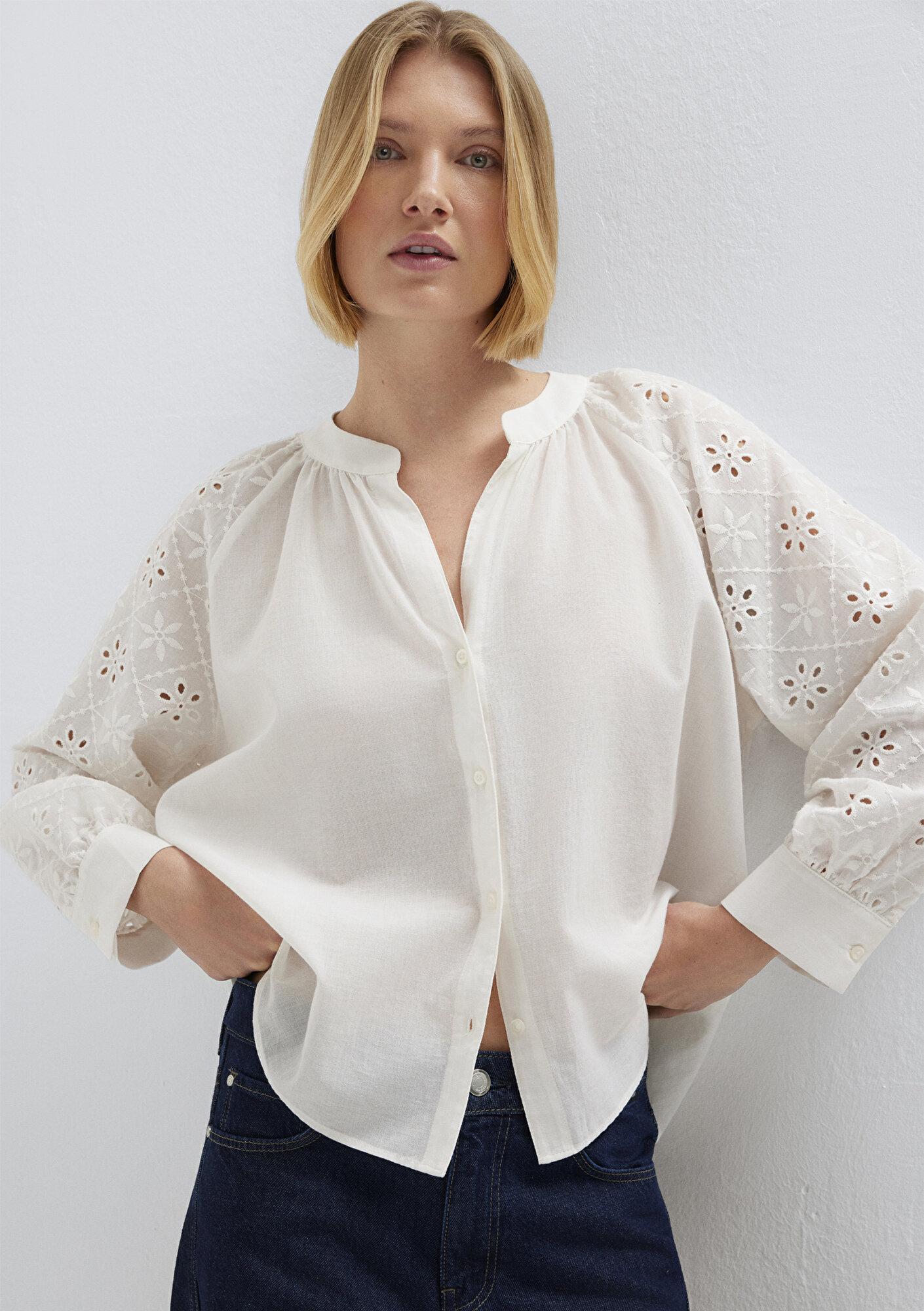 Mavi Dantel Detaylı Beyaz Gömlek Loose Fit / Bol Rahat Kesim 1211346-620