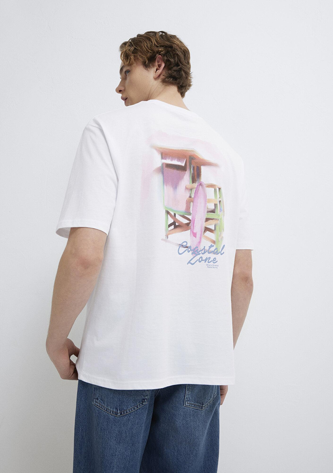 Mavi Baskılı Beyaz Tişört Relaxed Fit / Rahat Kesim 0613290-620