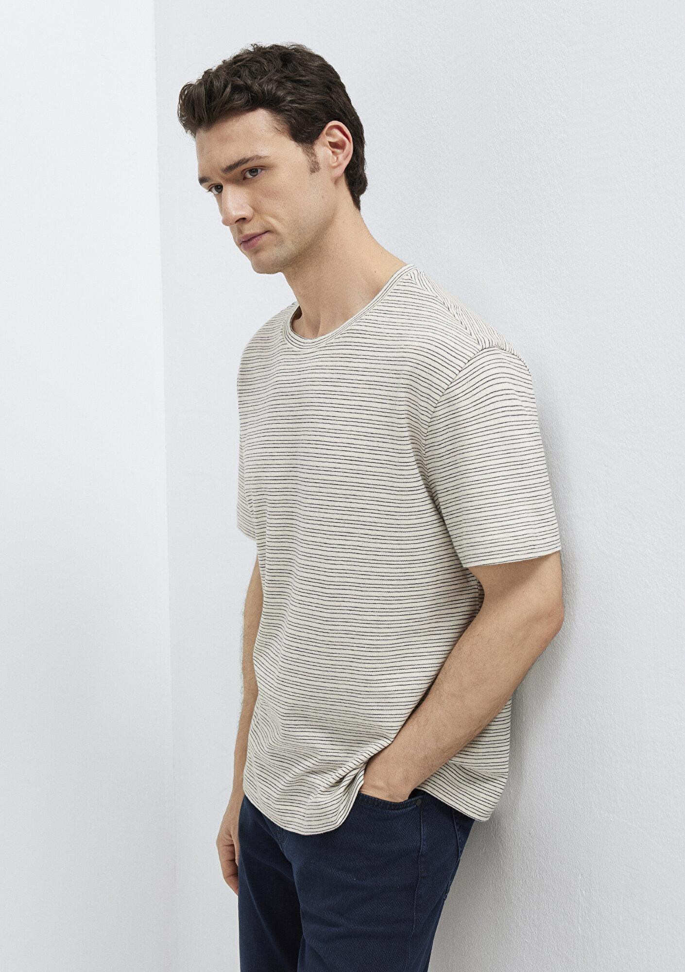 Mavi Keten Karışımlı Çizgili Tişört Loose Fit / Bol Rahat Kesim 0613294-86623