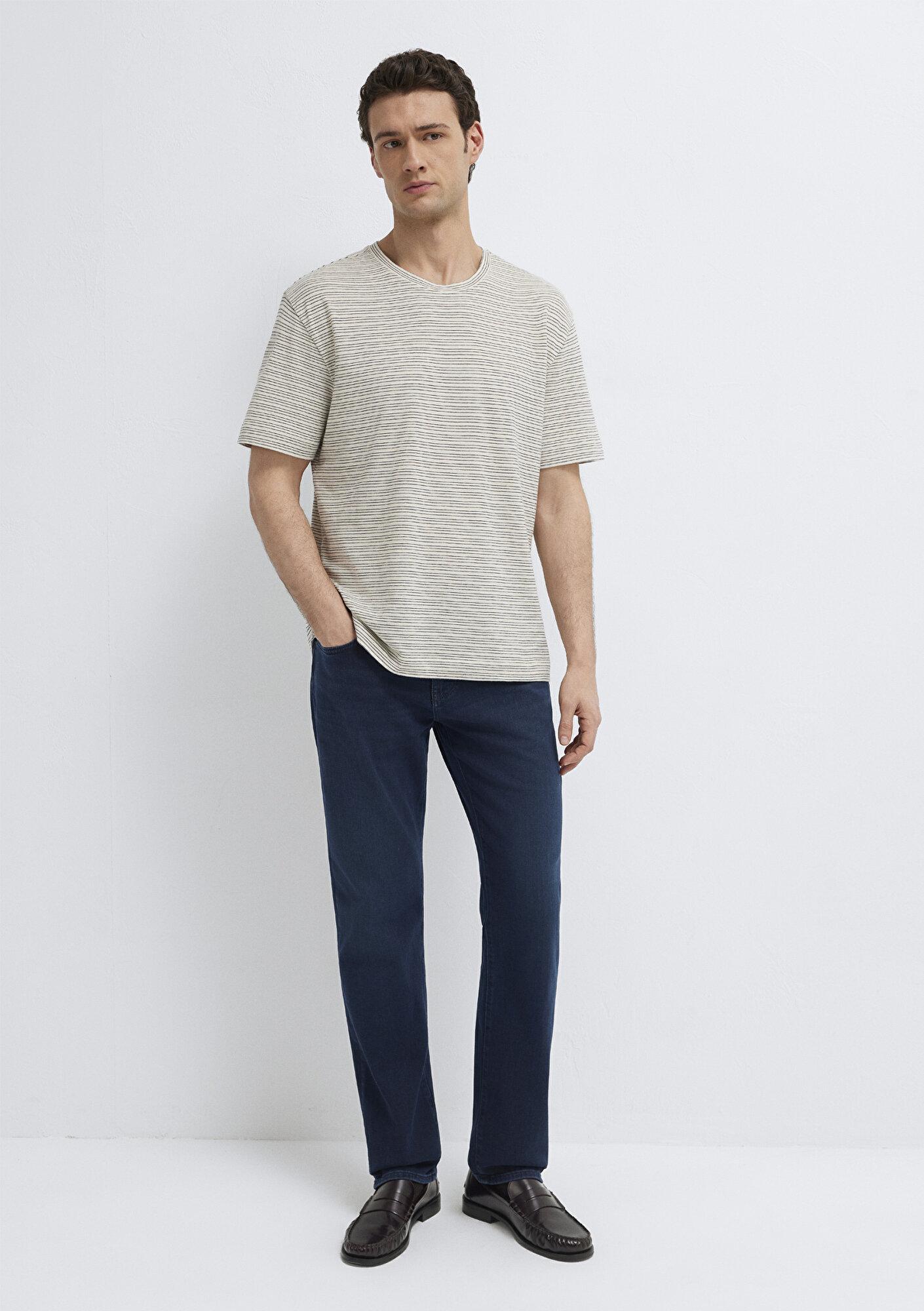 Mavi Keten Karışımlı Çizgili Tişört Loose Fit / Bol Rahat Kesim 0613294-86623