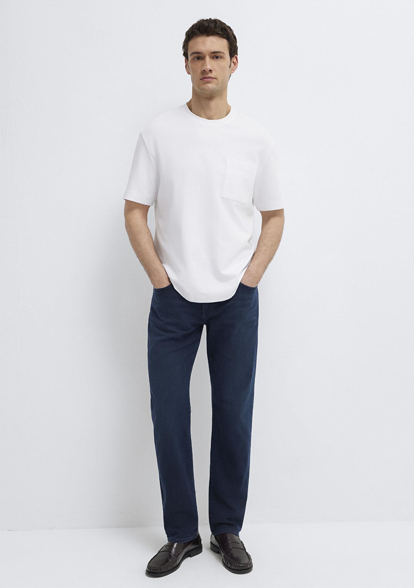 Mavi Cepli Beyaz Basic Tişört Loose Fit / Bol Rahat Kesim 0613339-620