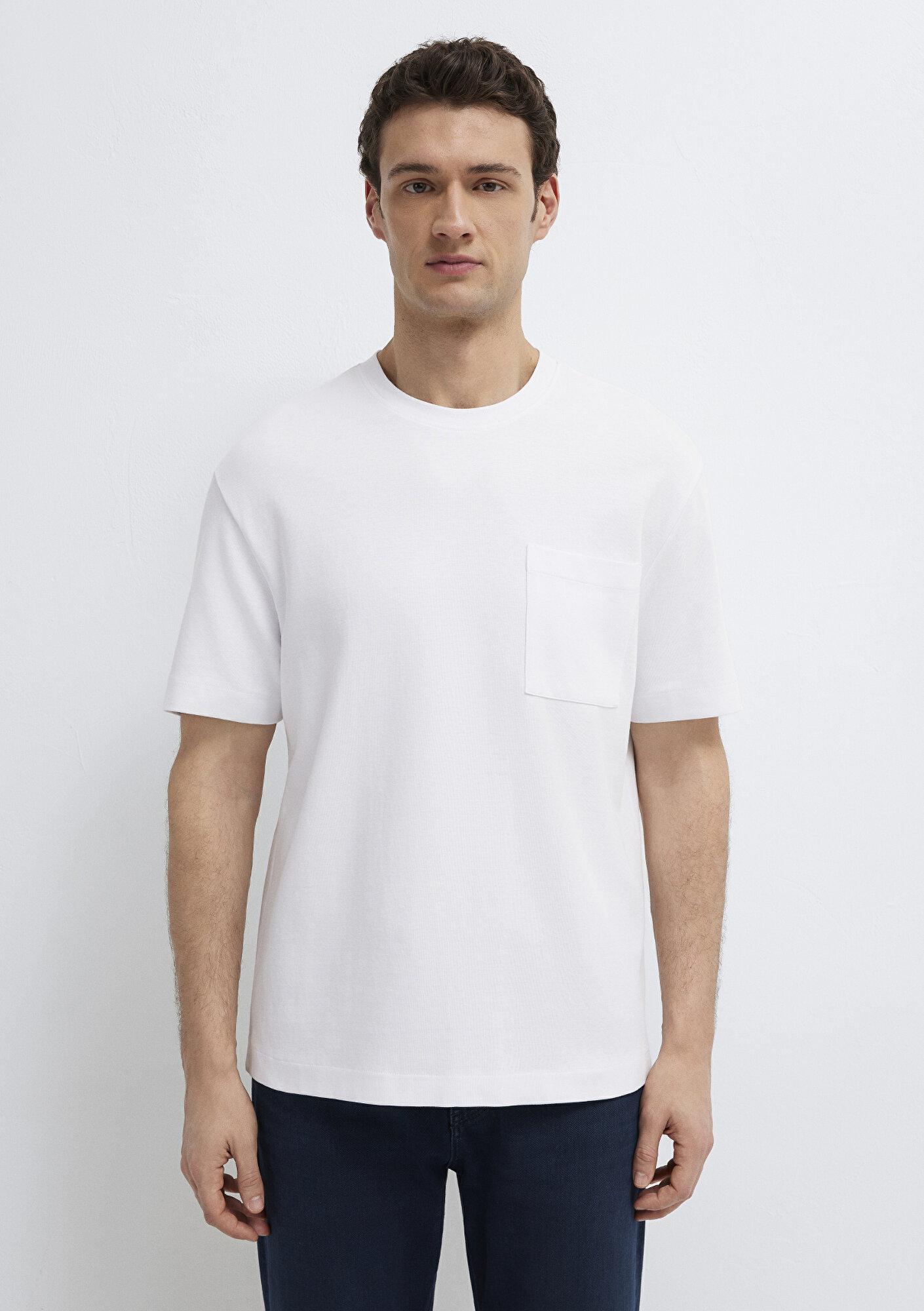 Mavi Cepli Beyaz Basic Tişört Loose Fit / Bol Rahat Kesim 0613339-620