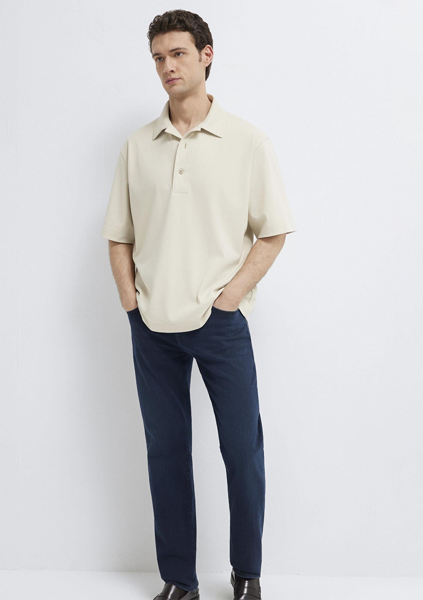 Mavi Bej Polo Tişört Loose Fit / Bol Rahat Kesim 0613344-70144