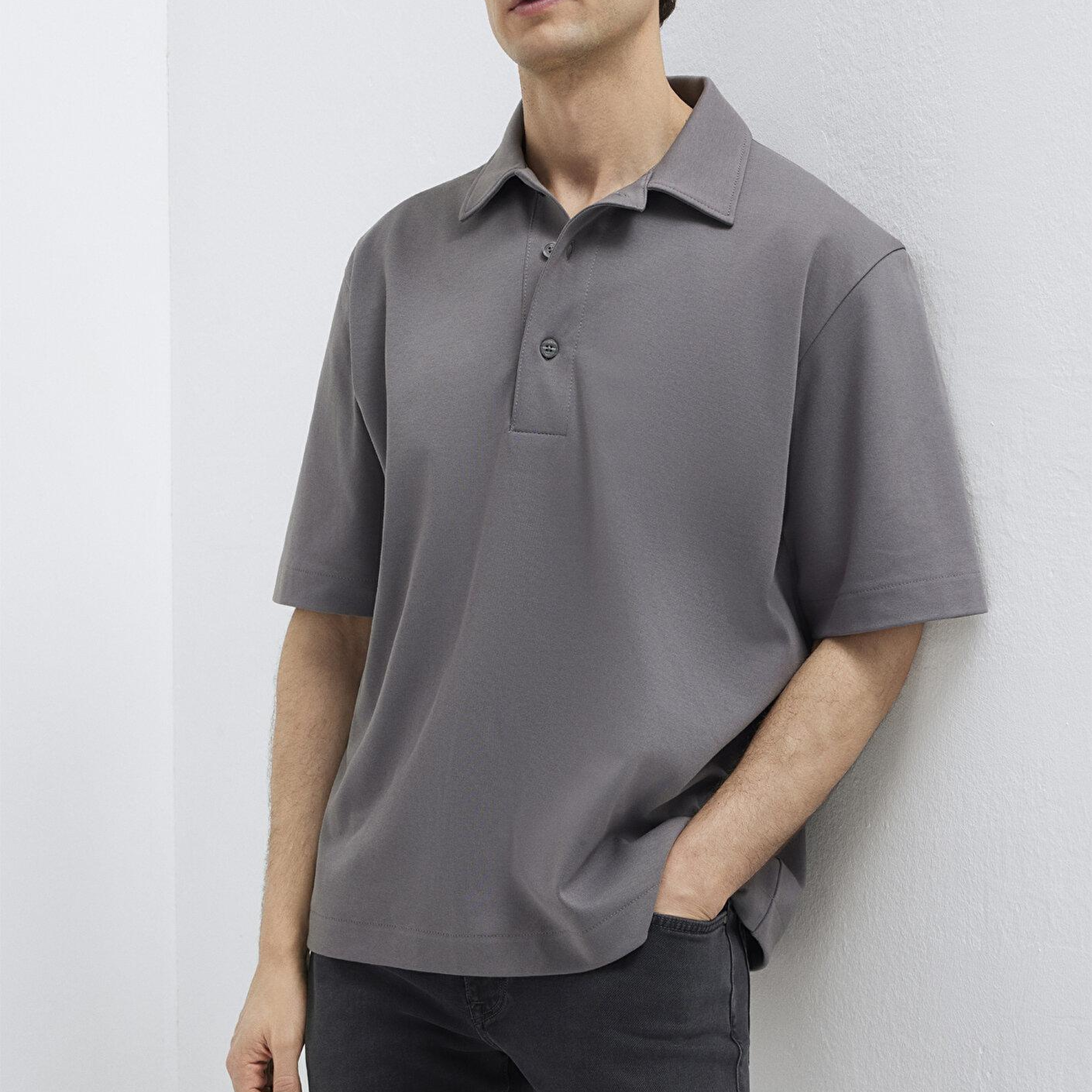 Mavi Antrasit Polo Tişört Loose Fit / Bol Rahat Kesim 0613344-90721