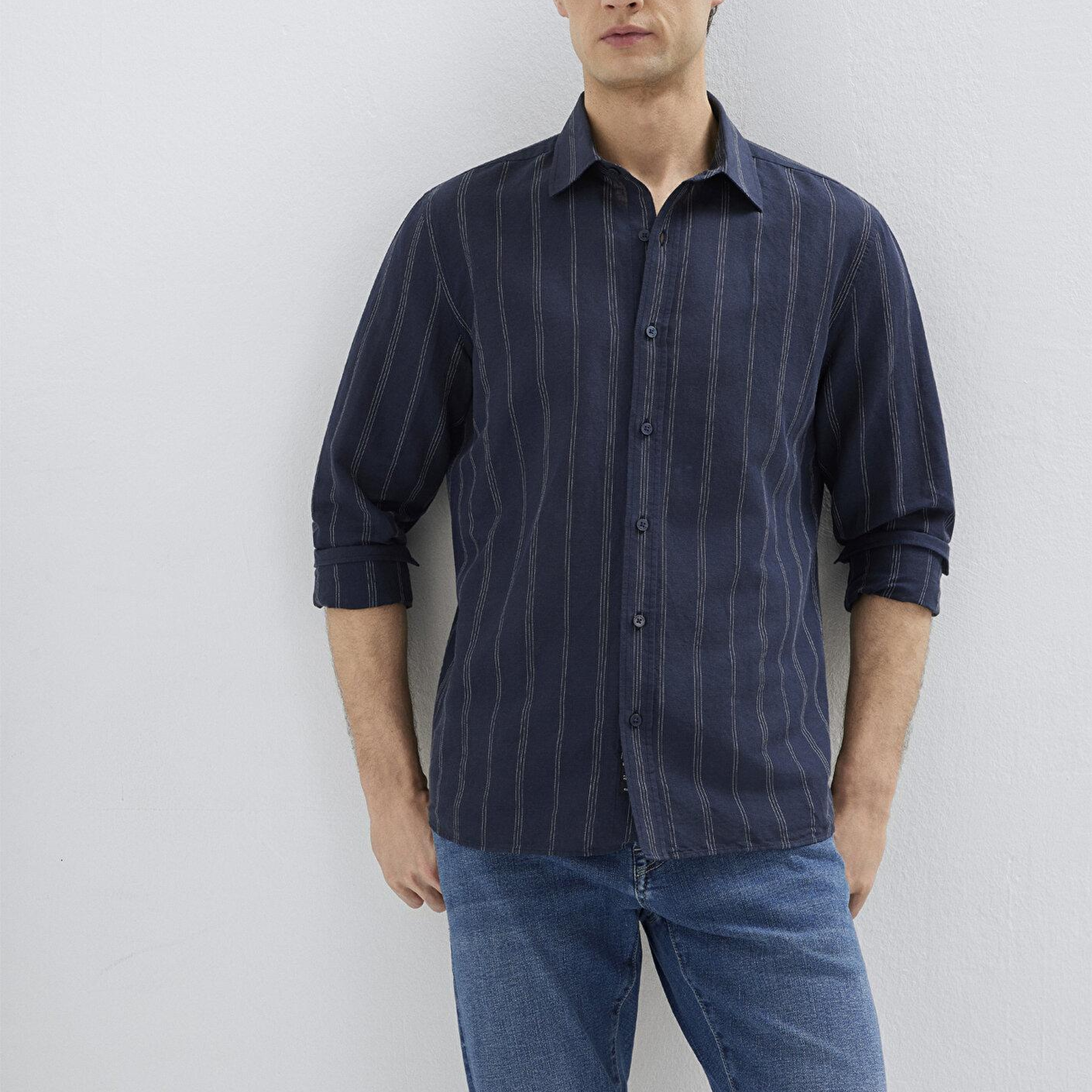 Mavi Keten Karışımlı Çizgili Lacivert Gömlek Regular Fit / Normal Kesim 0211979-91592