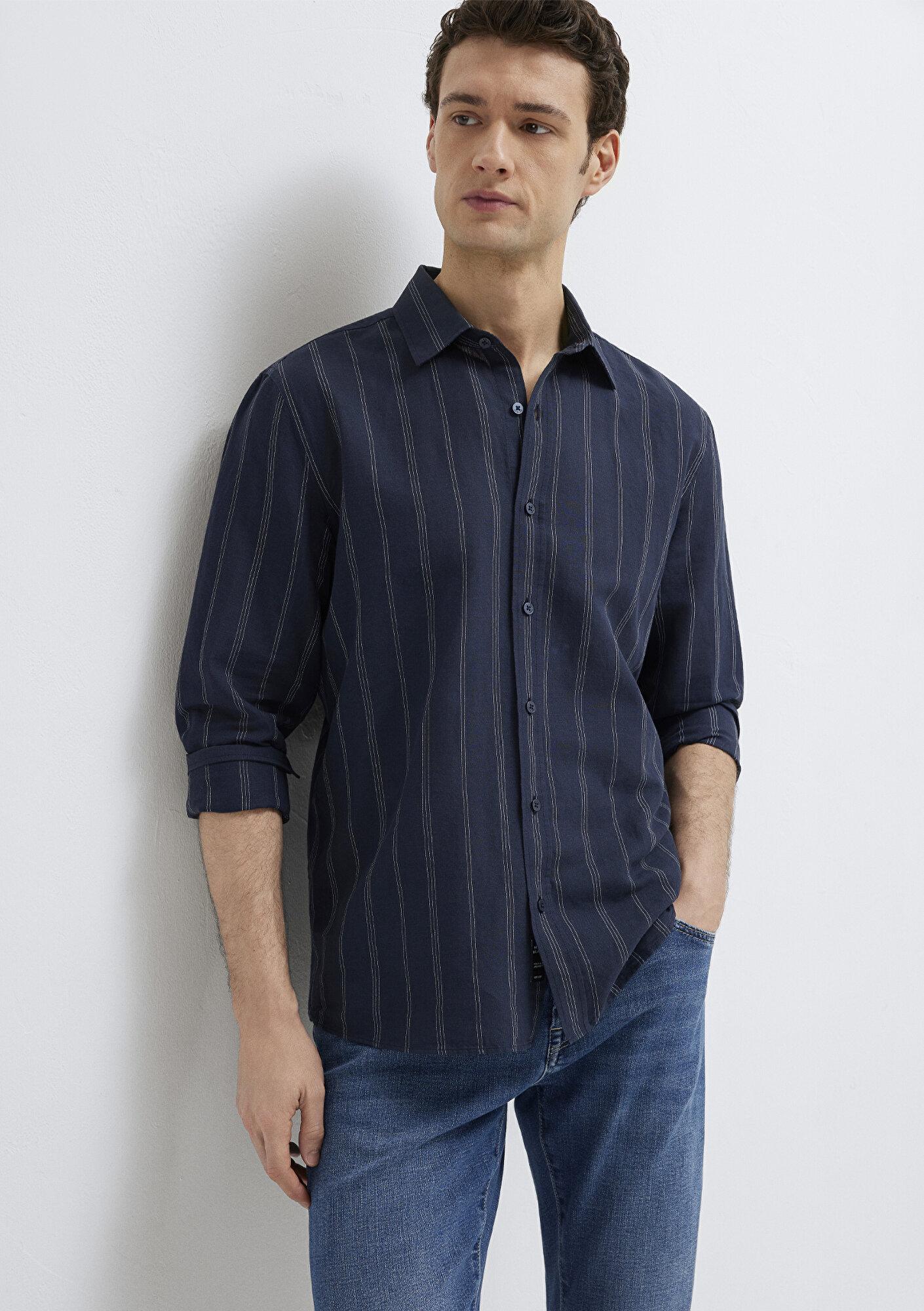Mavi Keten Karışımlı Çizgili Lacivert Gömlek Regular Fit / Normal Kesim 0211979-91592