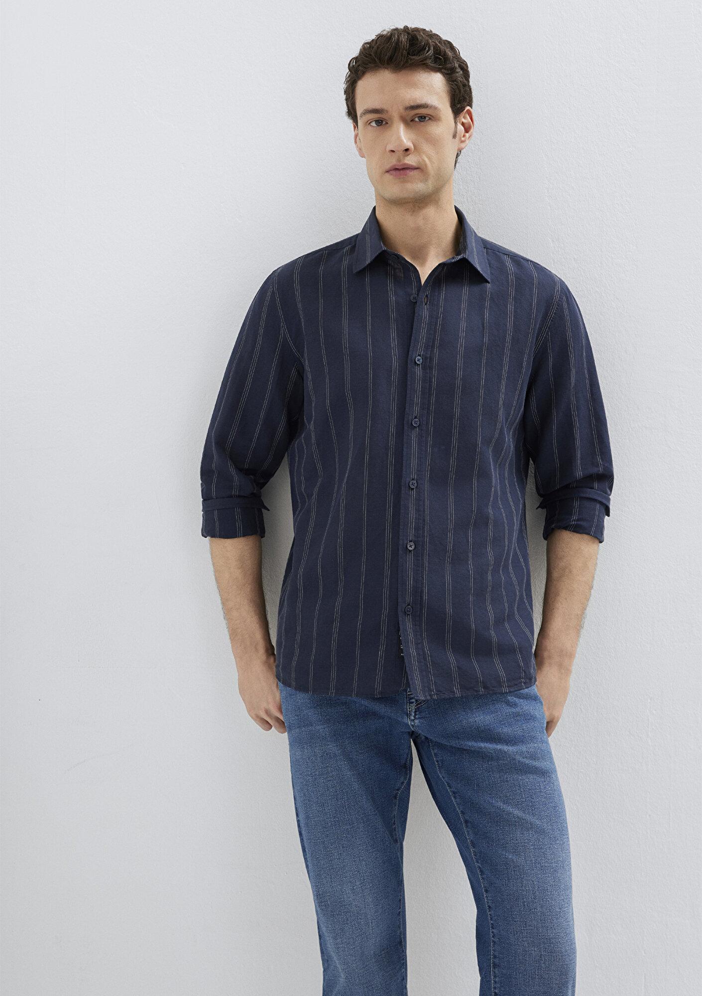 Mavi Keten Karışımlı Çizgili Lacivert Gömlek Regular Fit / Normal Kesim 0211979-91592