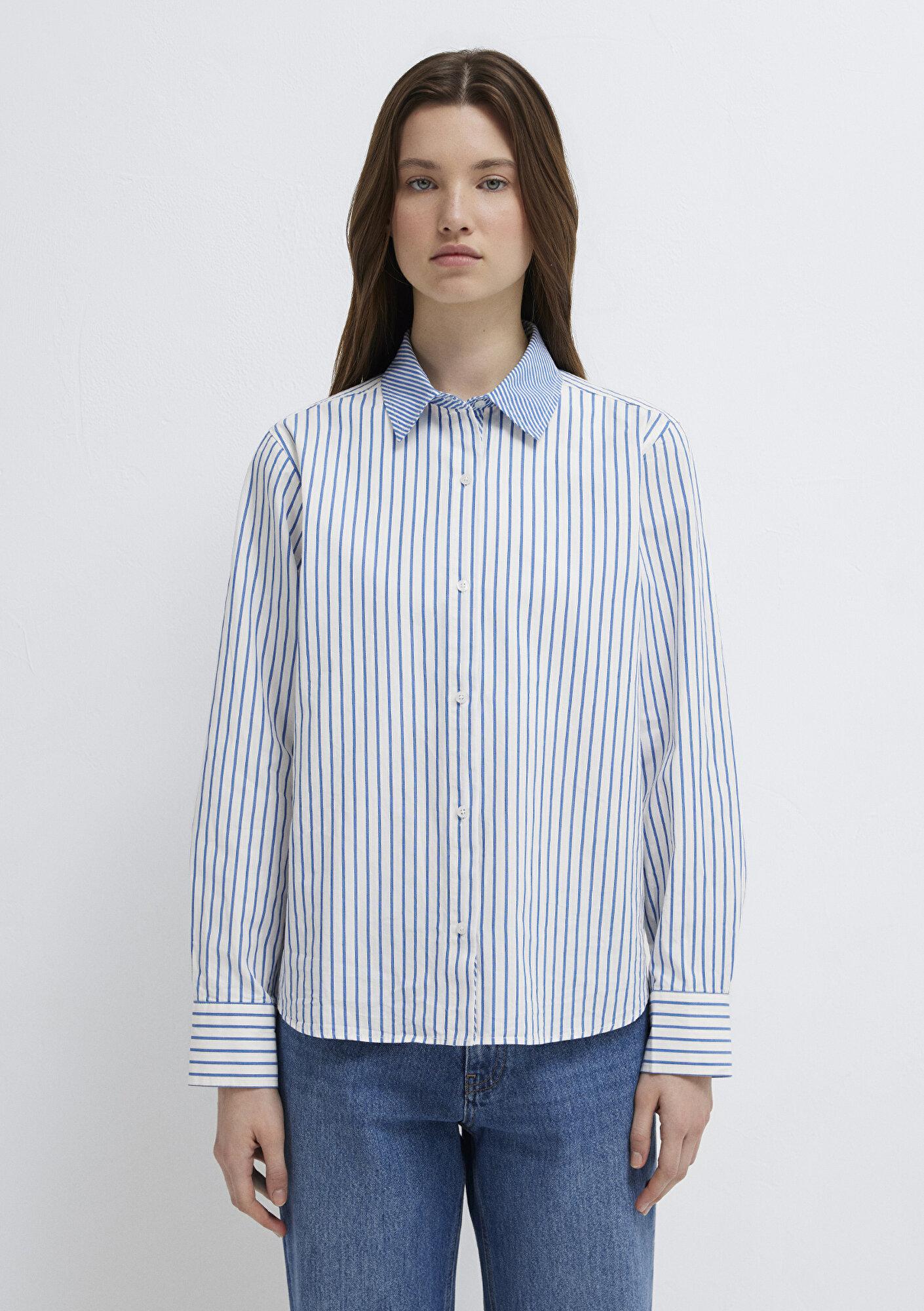 Mavi Çizgili Mavi Gömlek Loose Fit / Bol Rahat Kesim 1211454-84005