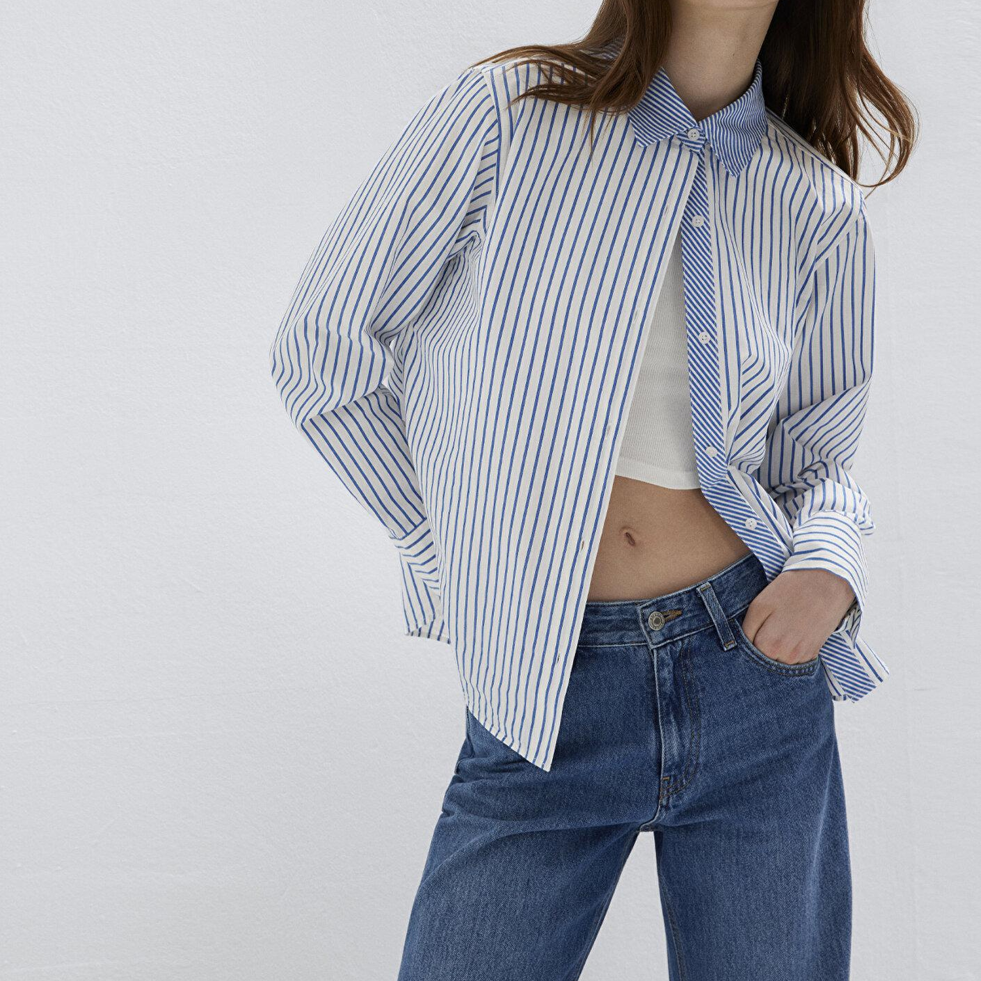 Mavi Çizgili Mavi Gömlek Loose Fit / Bol Rahat Kesim 1211454-84005