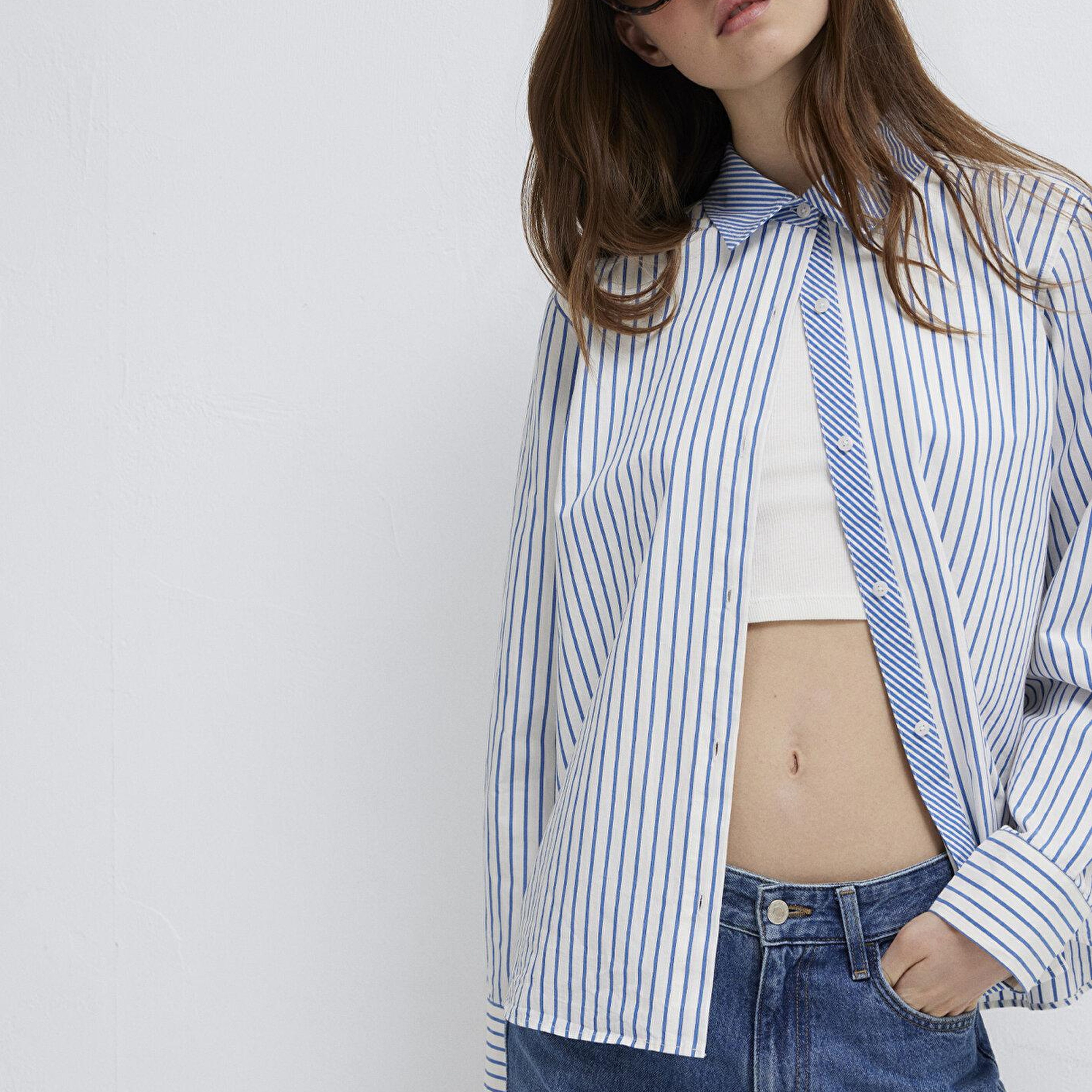 Mavi Çizgili Mavi Gömlek Loose Fit / Bol Rahat Kesim 1211454-84005