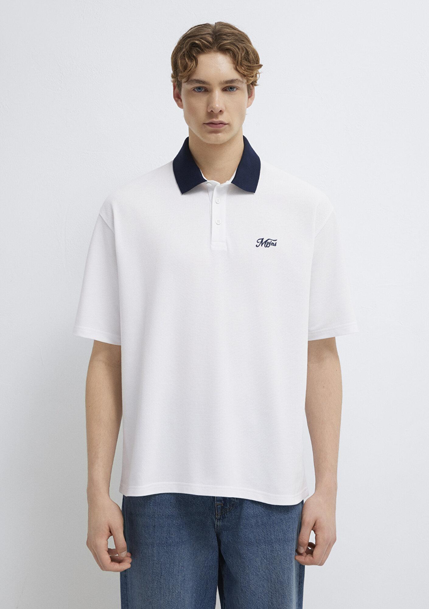 Mavi Yaka Detaylı Beyaz Polo Tişört Relaxed Fit / Rahat Kesim 0613330-620