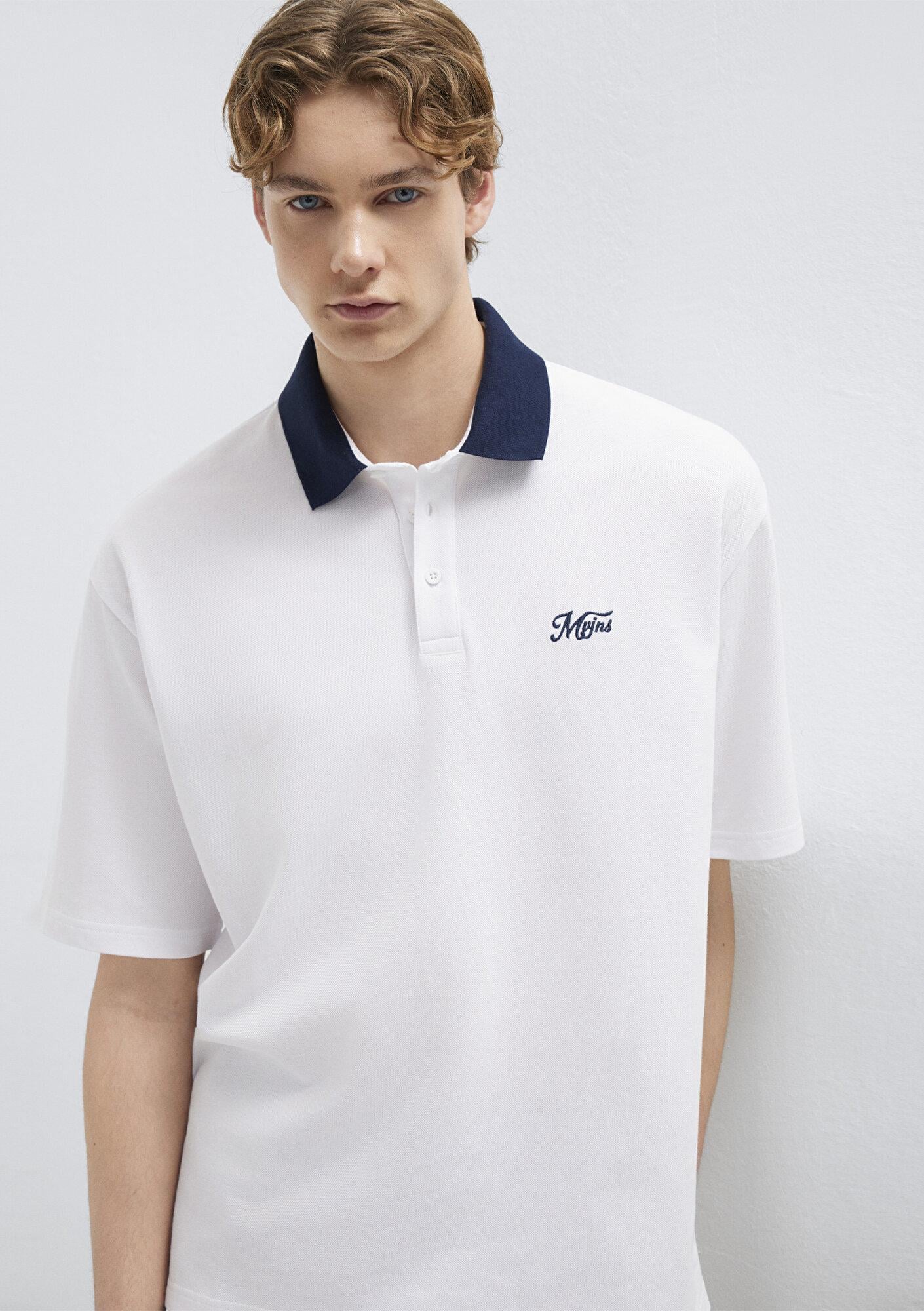 Mavi Yaka Detaylı Beyaz Polo Tişört Relaxed Fit / Rahat Kesim 0613330-620