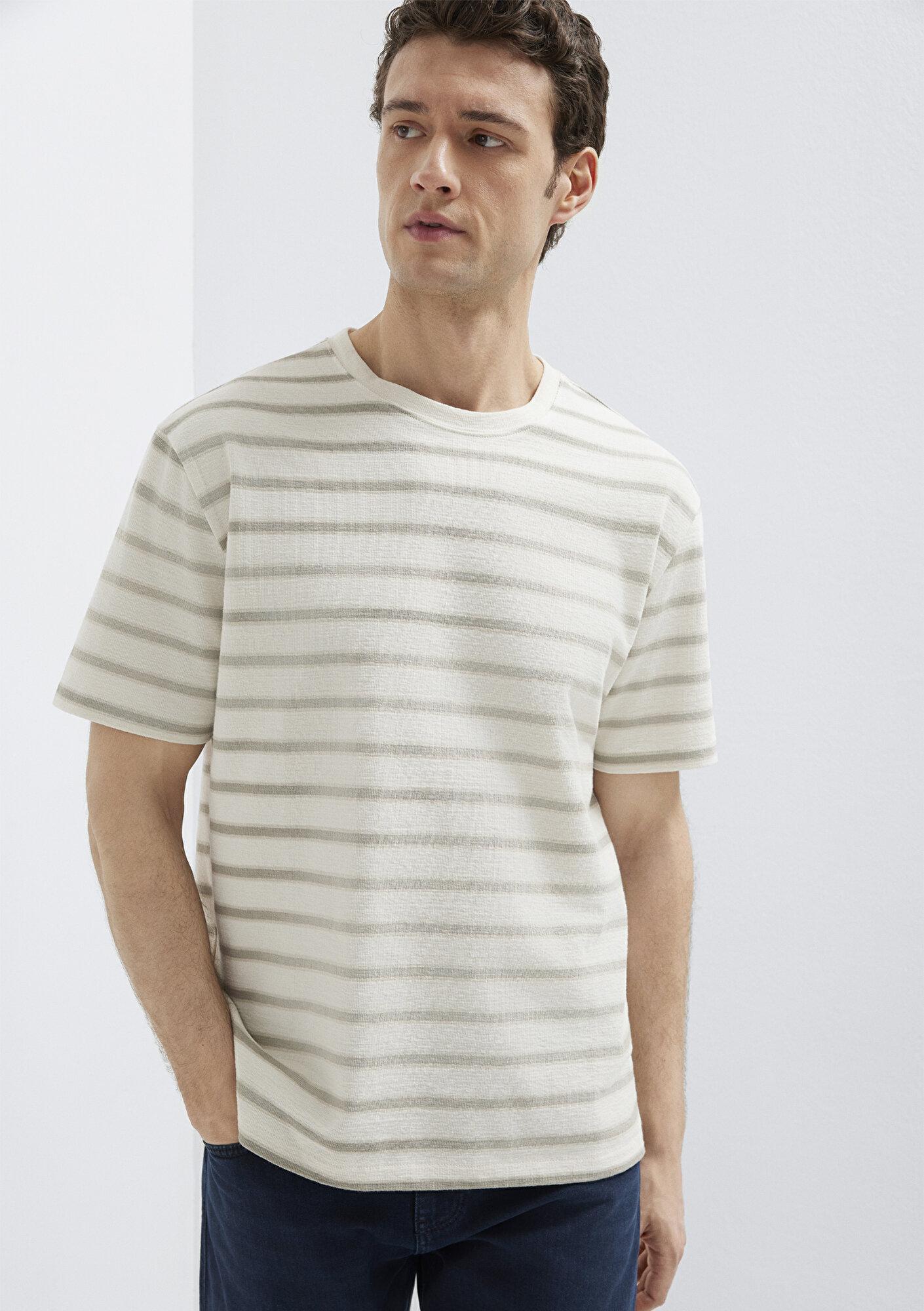 Mavi Çizgili Bej Tişört Loose Fit / Bol Rahat Kesim 0613343-70352