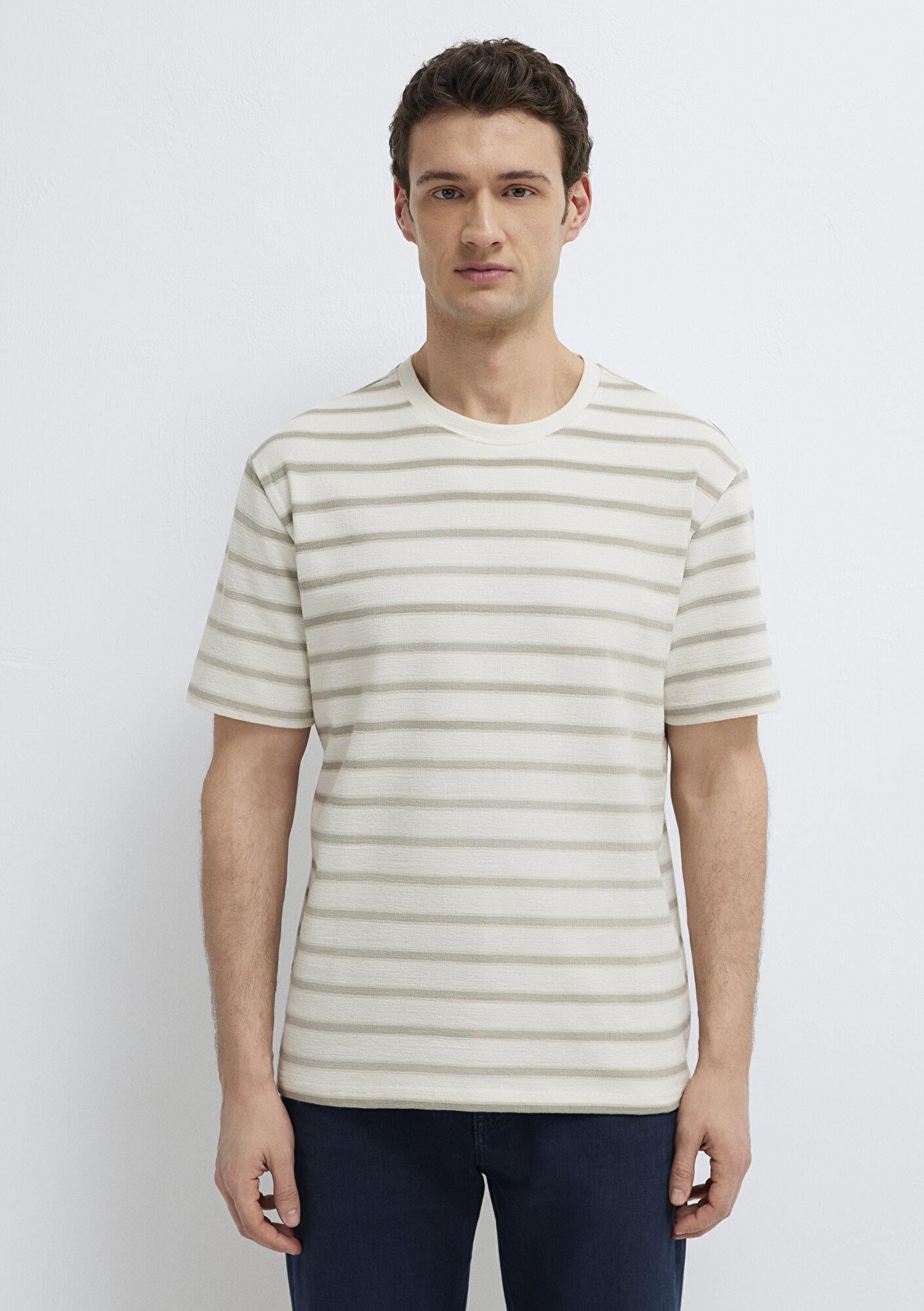 Mavi Çizgili Bej Tişört Loose Fit / Bol Rahat Kesim 0613343-70352