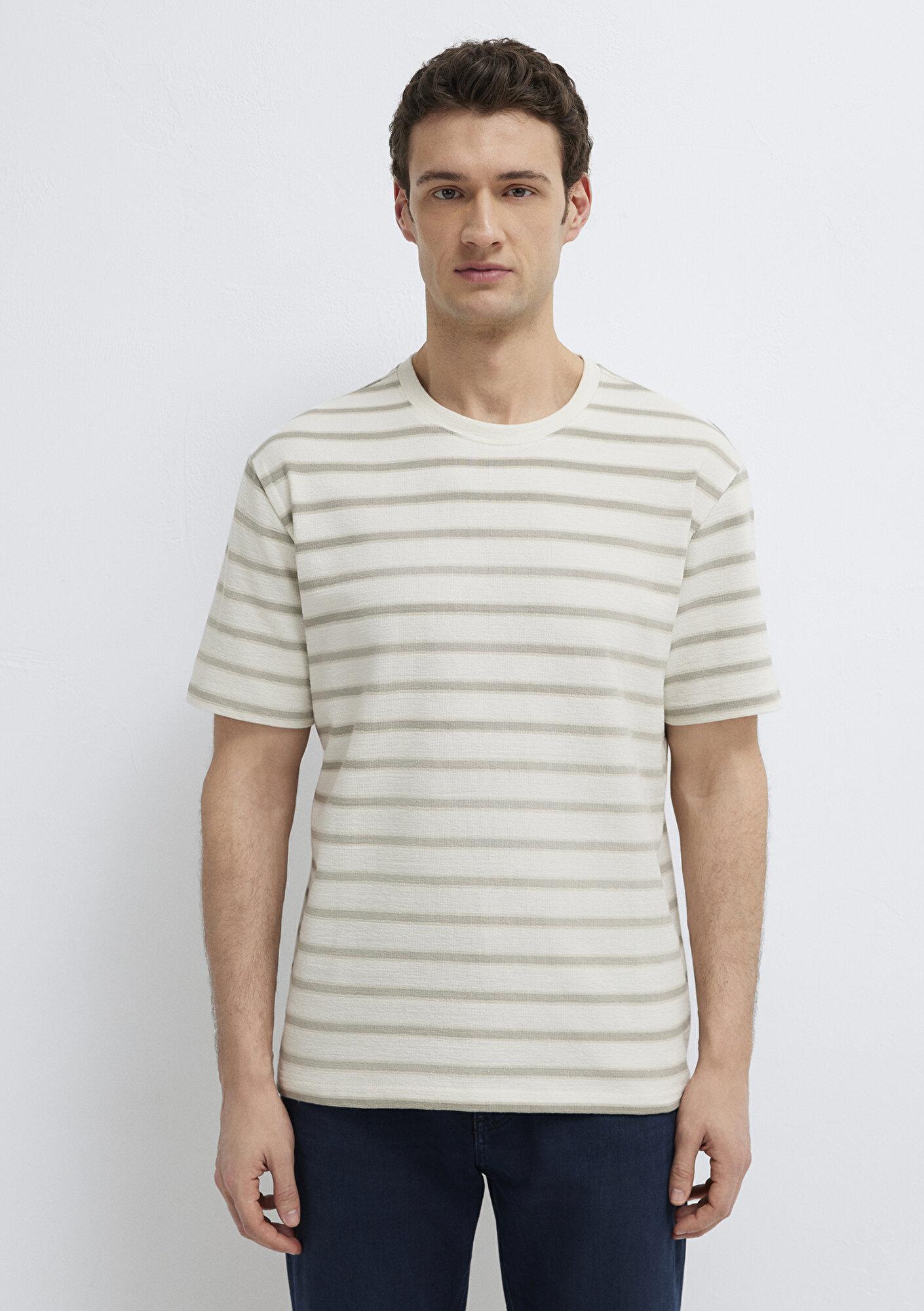 Mavi Çizgili Bej Tişört Loose Fit / Bol Rahat Kesim 0613343-70352