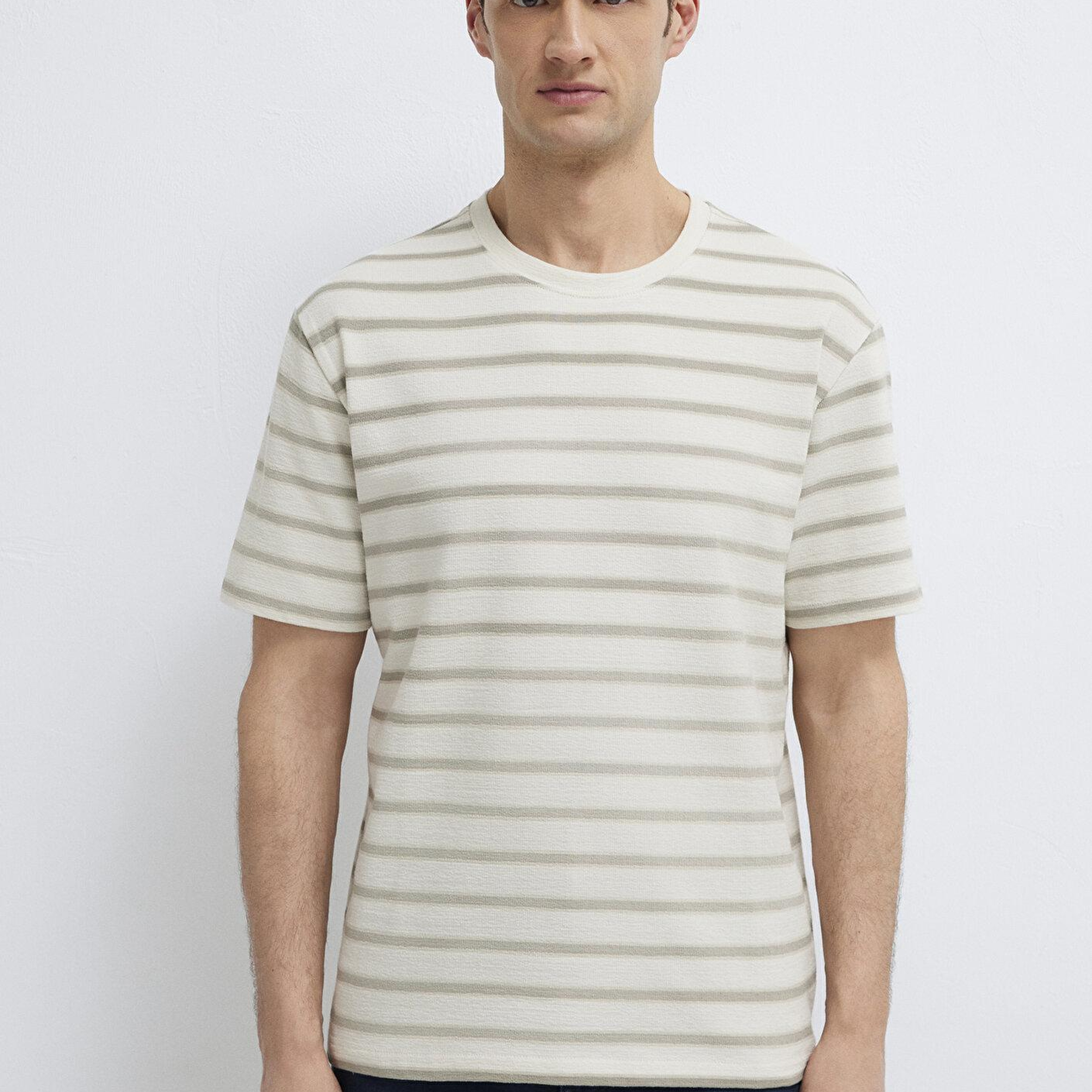 Mavi Çizgili Bej Tişört Loose Fit / Bol Rahat Kesim 0613343-70352