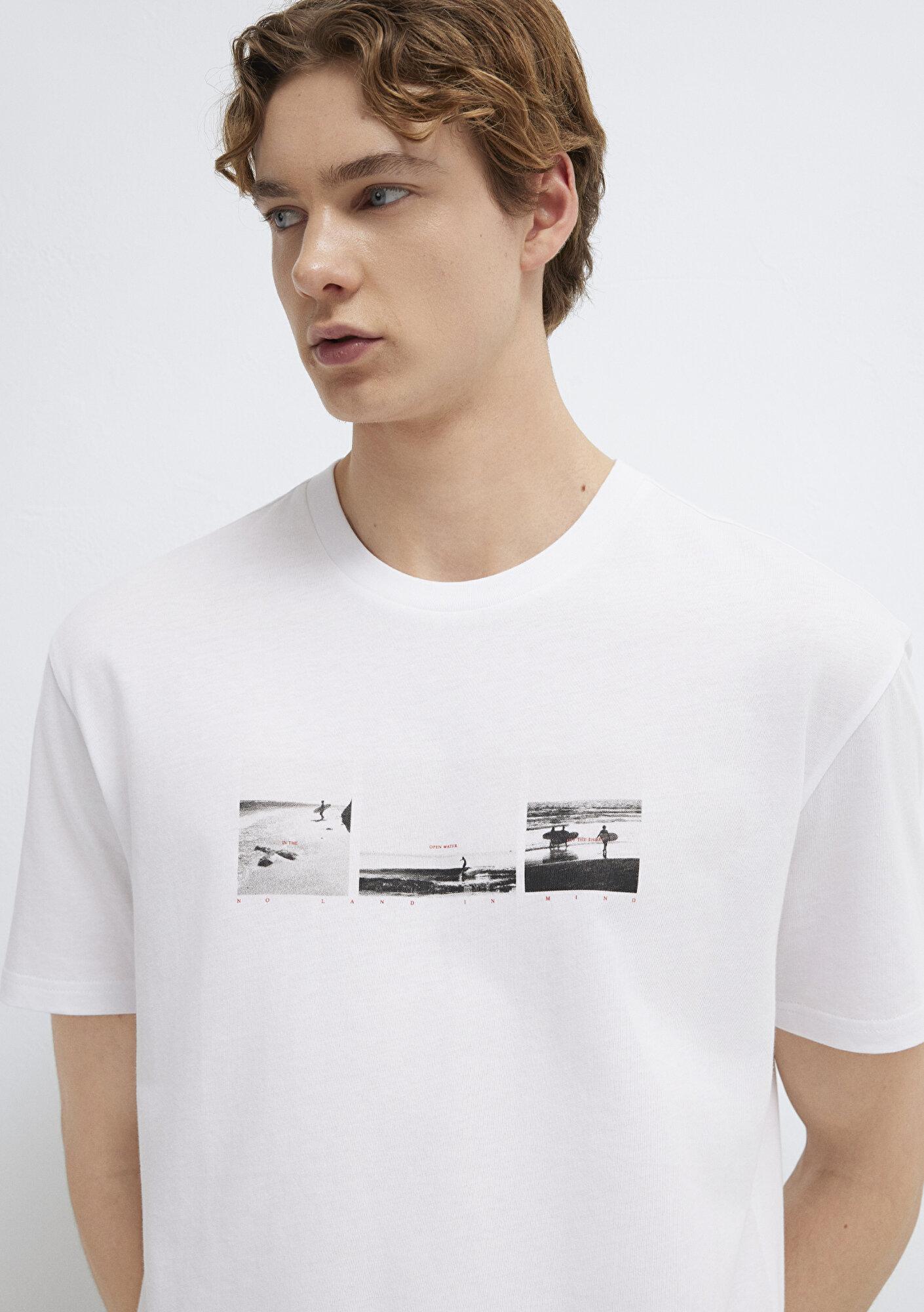 Mavi Baskılı Beyaz Tişört Loose Fit / Bol Rahat Kesim 0613629-620