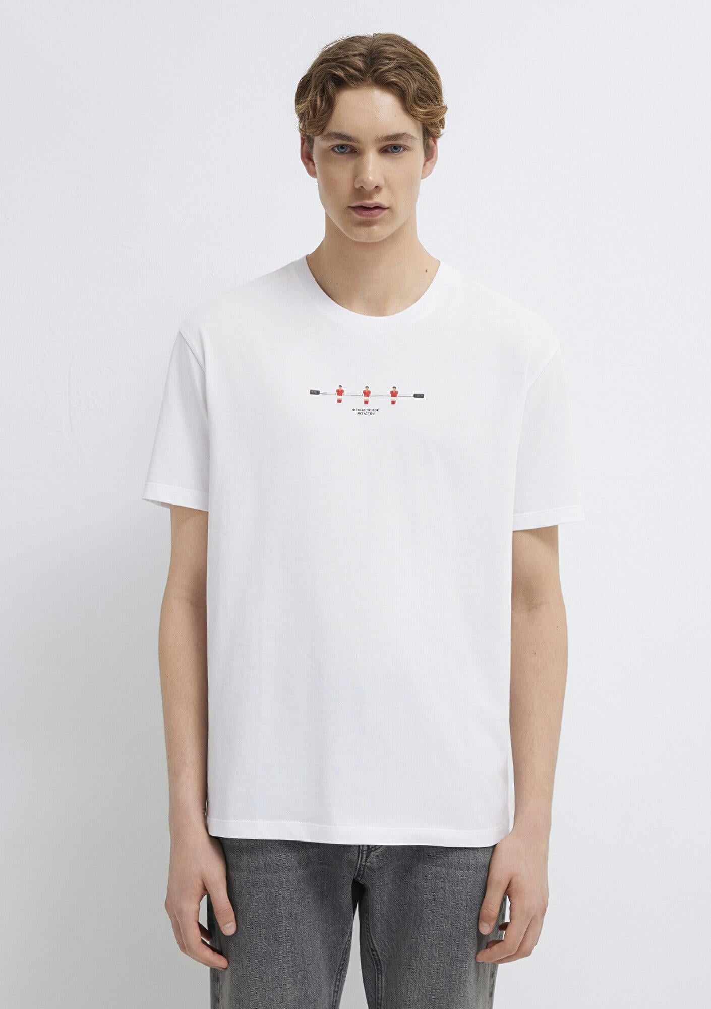 Mavi Baskılı Beyaz Tişört Loose Fit / Bol Rahat Kesim 0613632-620