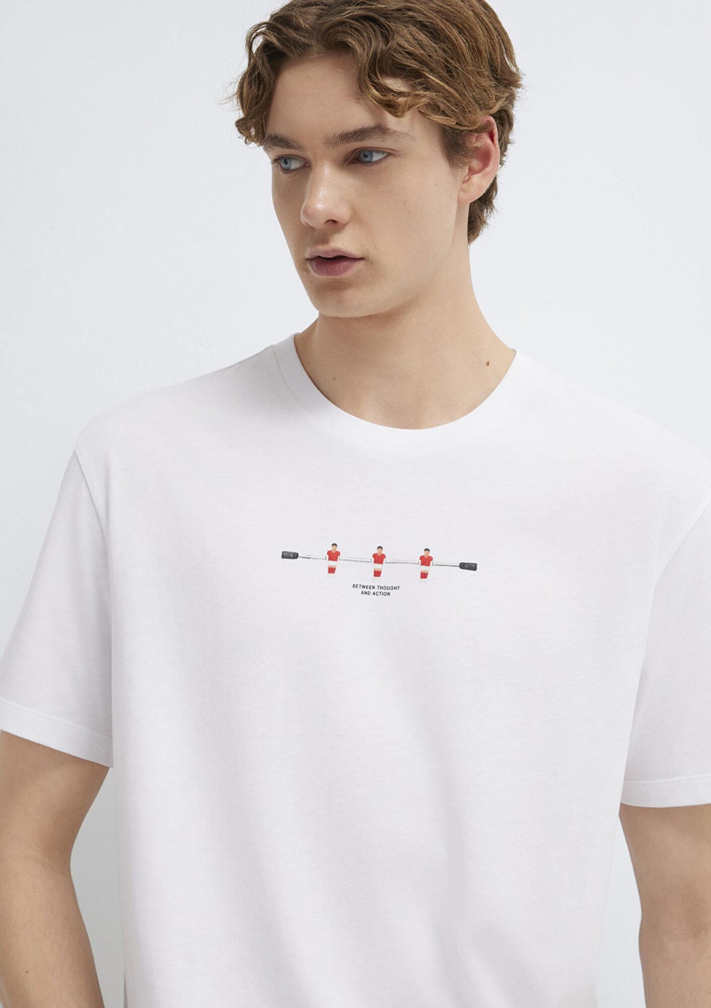 Mavi Baskılı Beyaz Tişört Loose Fit / Bol Rahat Kesim 0613632-620