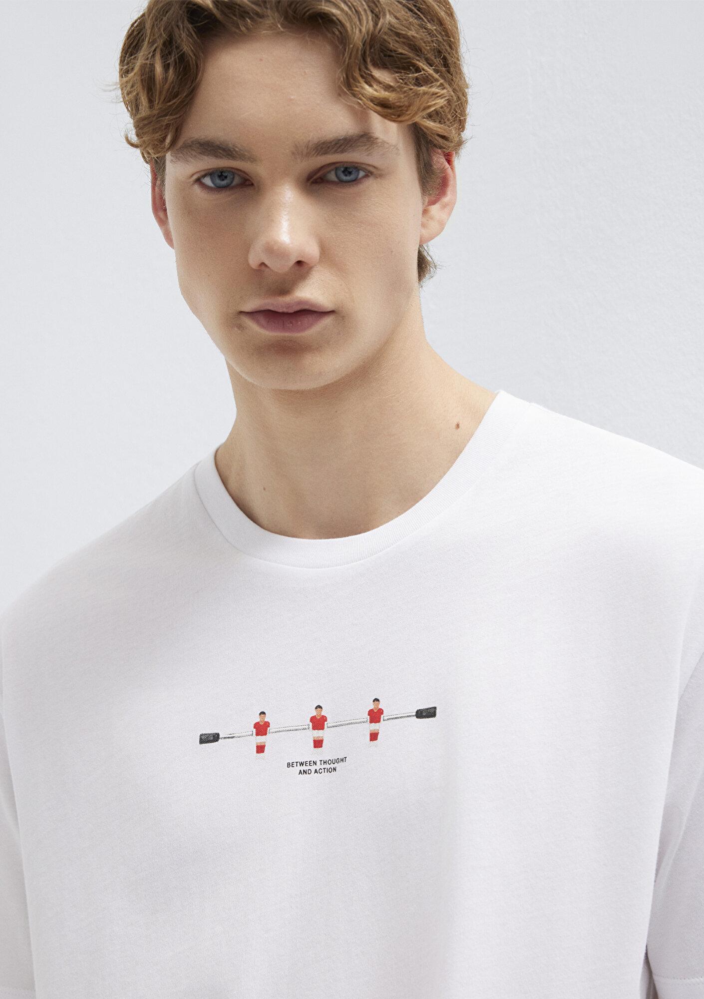 Mavi Baskılı Beyaz Tişört Loose Fit / Bol Rahat Kesim 0613632-620