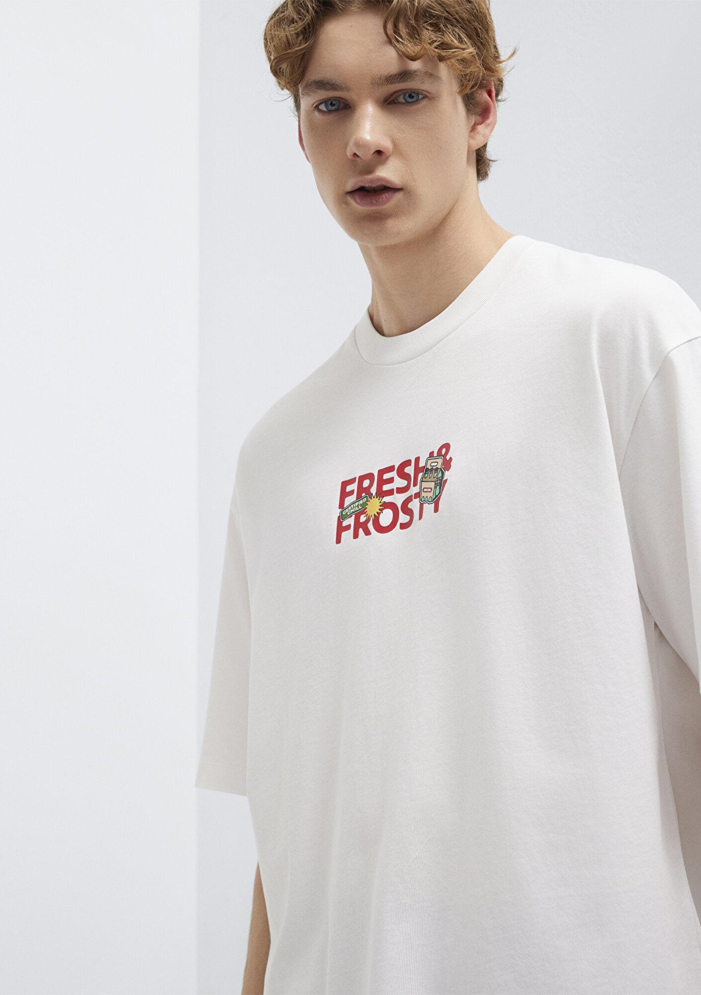 Mavi Baskılı Ekru Tişört Oversize / Geniş Kesim 0613622-70057