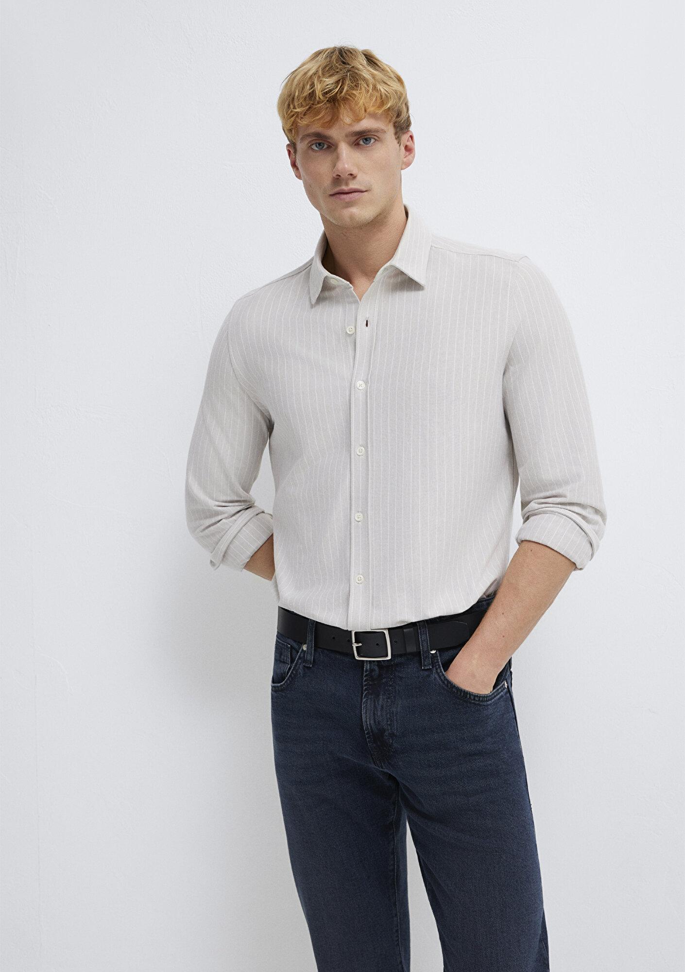 Mavi Çizgili Gri Gömlek Slim Fit / Dar Kesim 0211858-91410