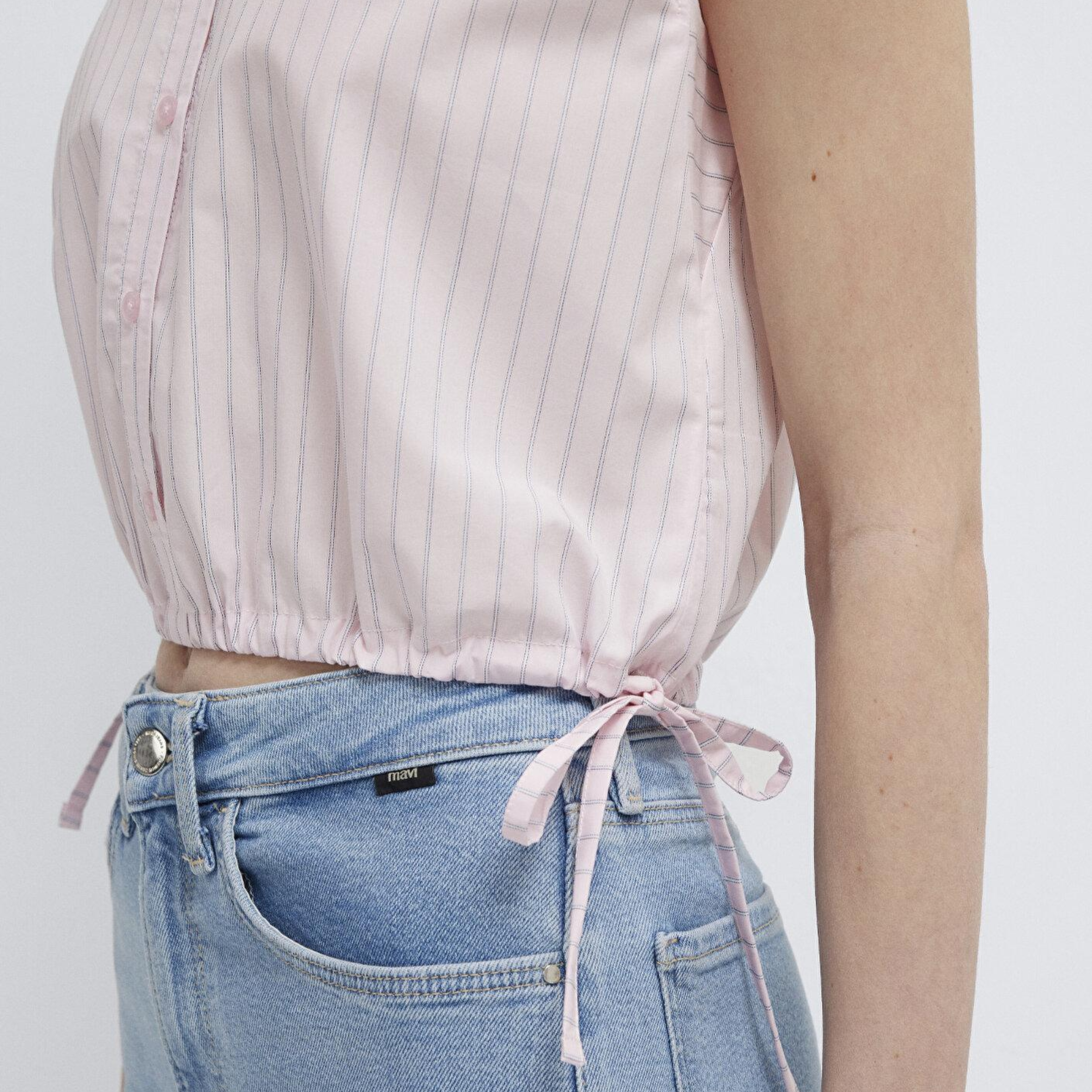 Mavi Çizgili Pembe Crop Bluz 1211472-91599
