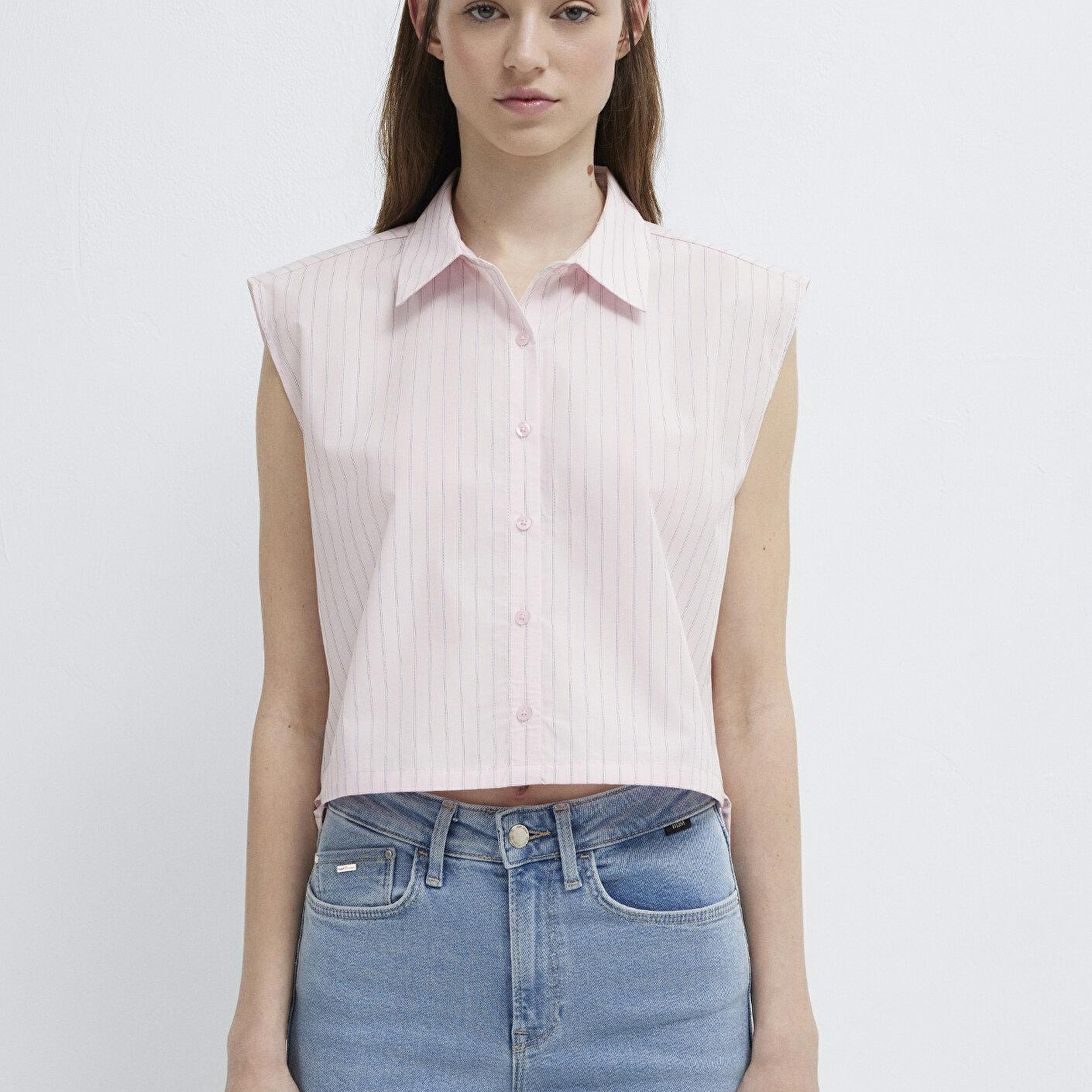 Mavi Çizgili Pembe Crop Bluz 1211472-91599
