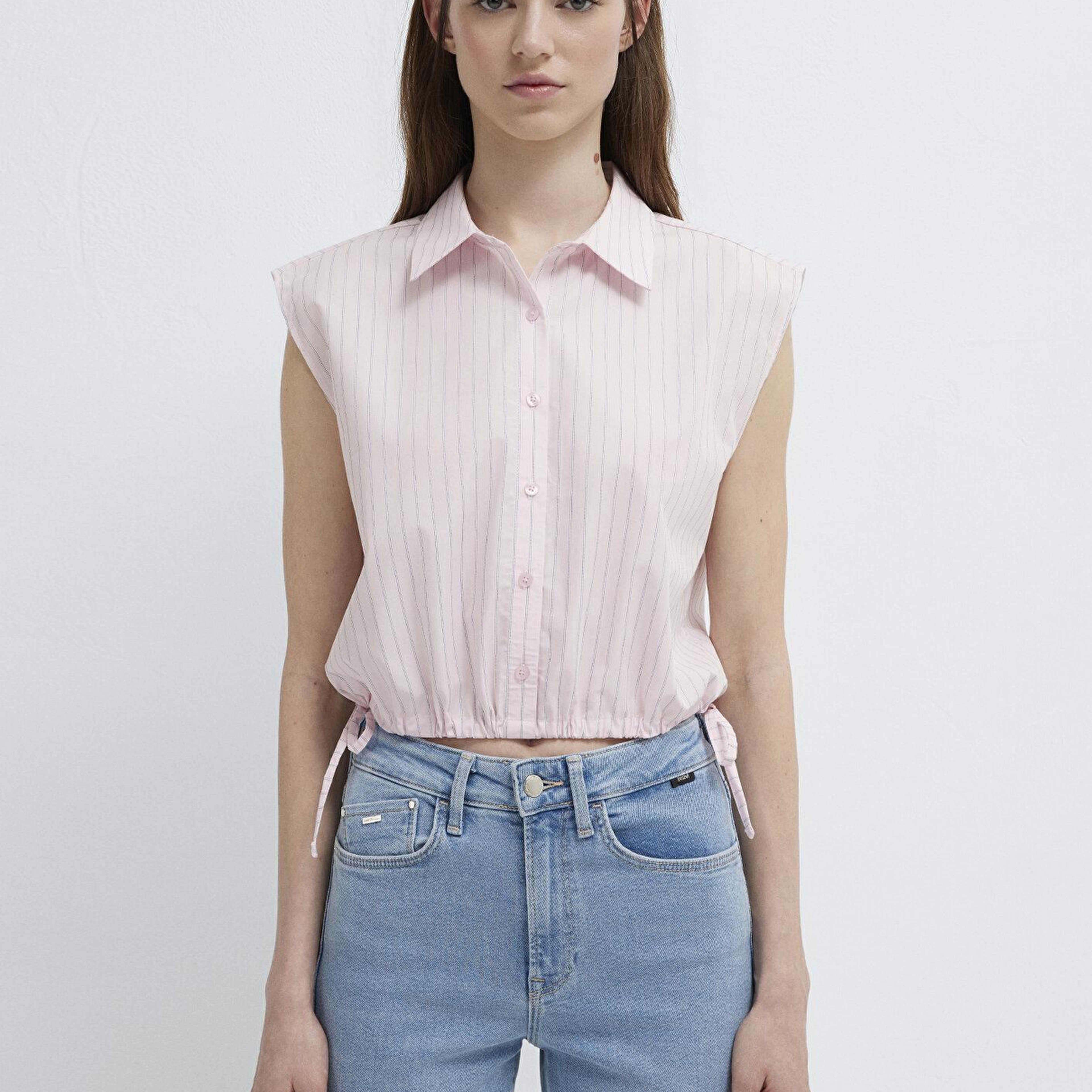 Mavi Çizgili Pembe Crop Bluz 1211472-91599
