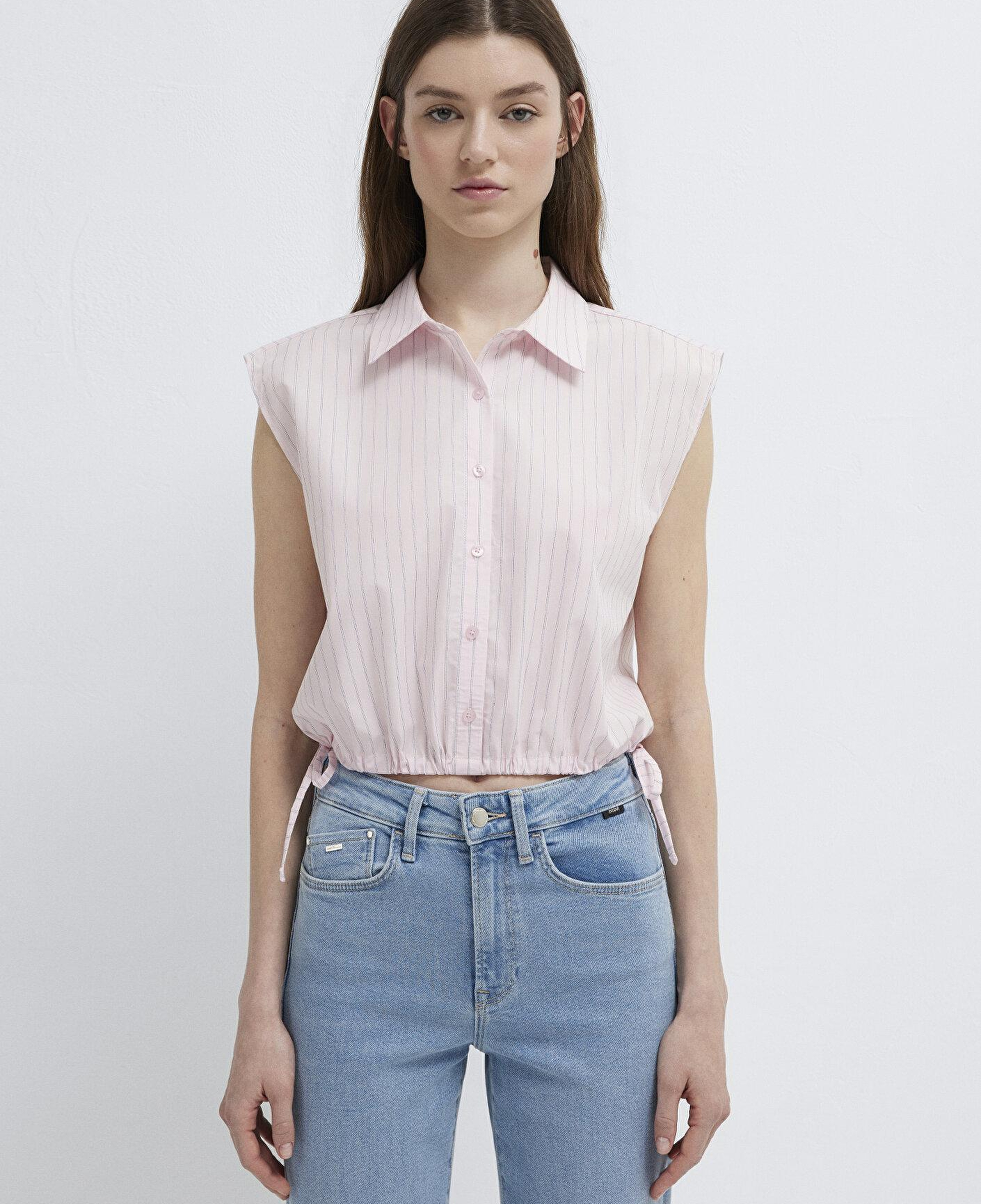 Mavi Çizgili Pembe Crop Bluz 1211472-91599