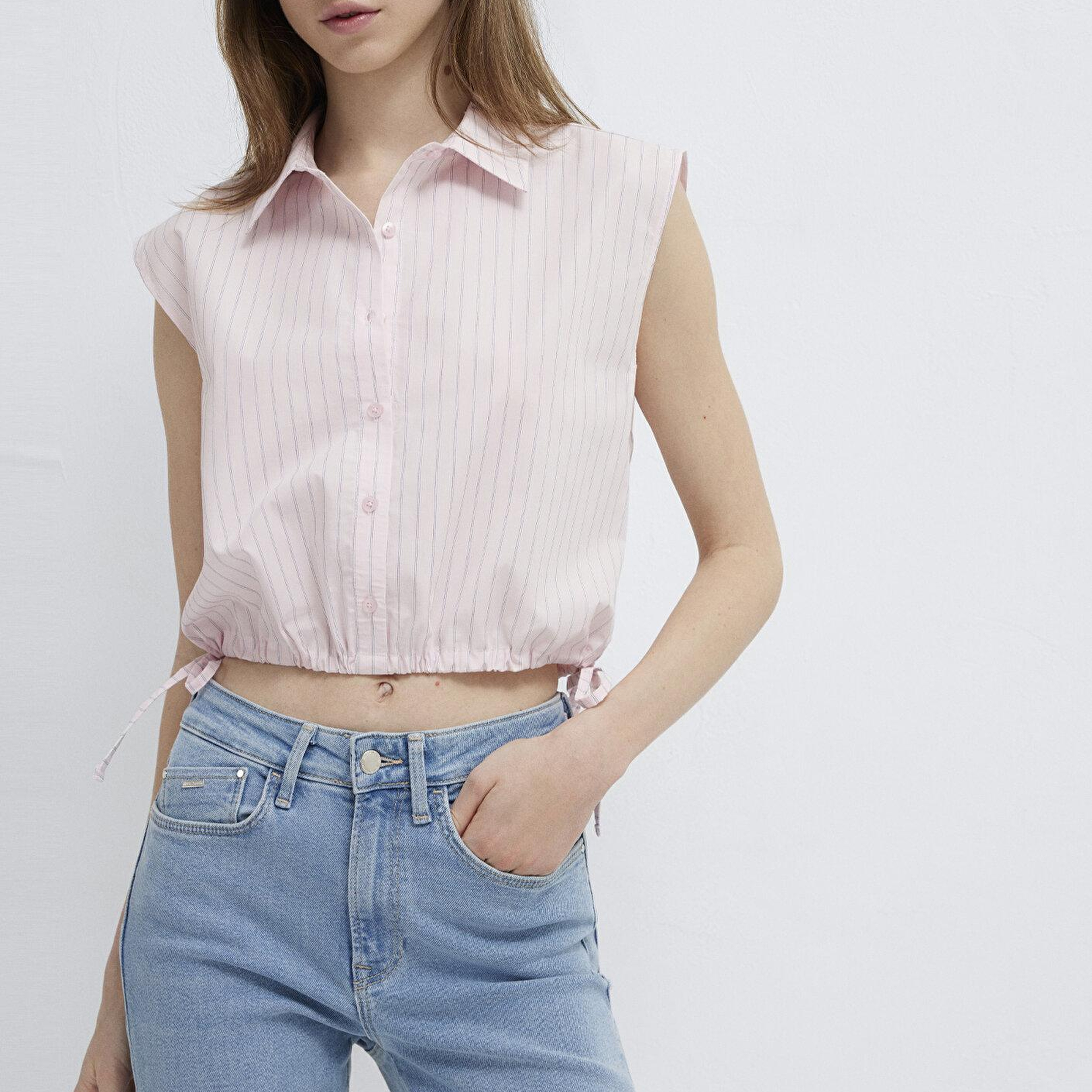 Mavi Çizgili Pembe Crop Bluz 1211472-91599