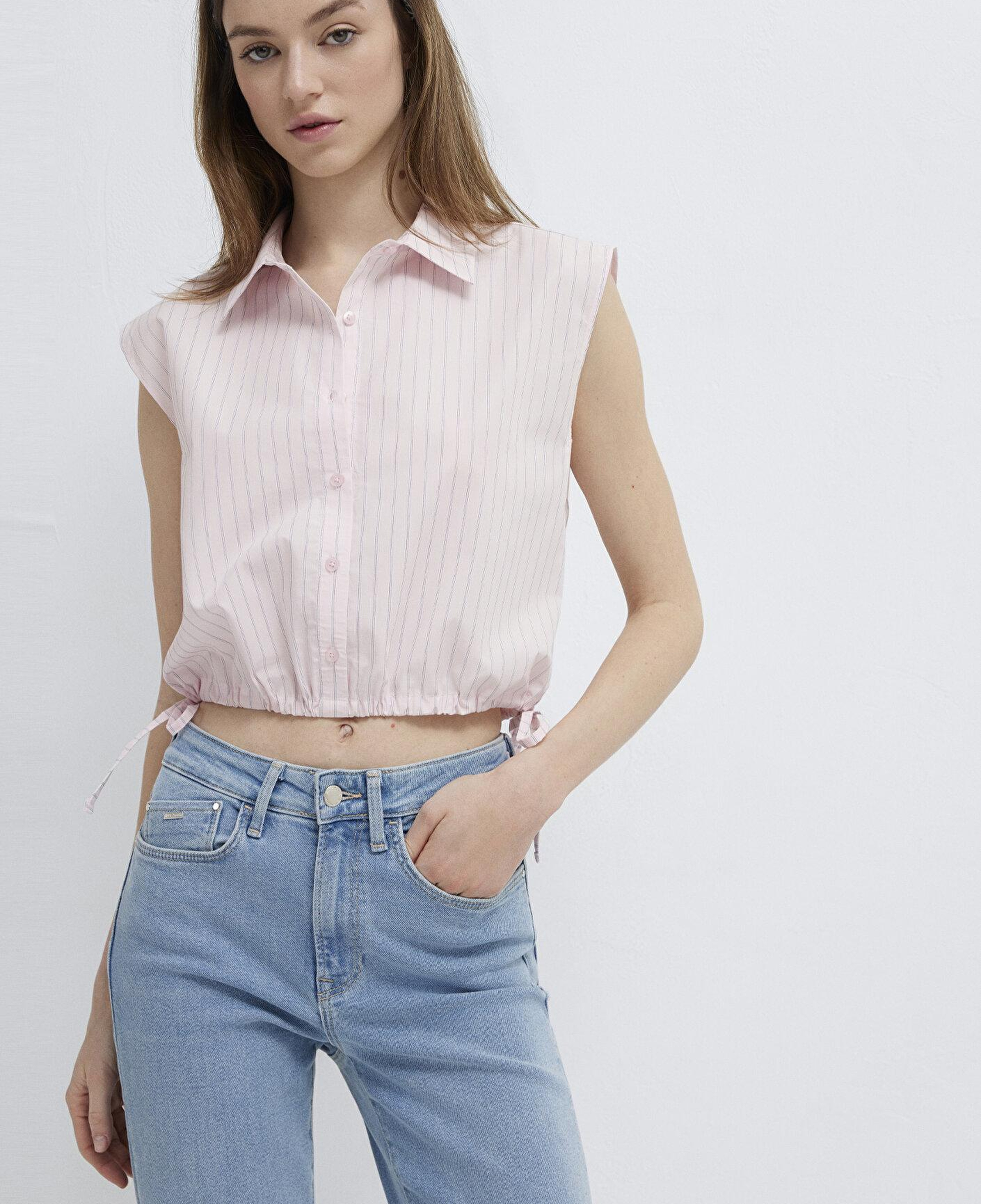 Mavi Çizgili Pembe Crop Bluz 1211472-91599