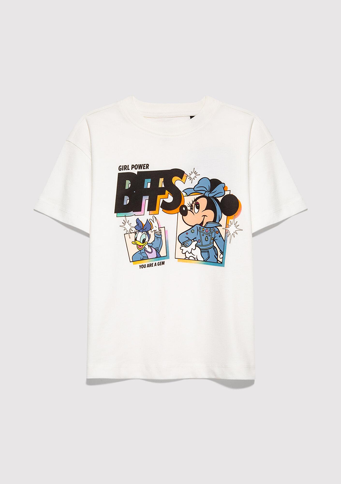 Mavi Mickey Mouse Baskılı Ekru Tişört Loose Fit / Bol Rahat Kesim 7610419-70057