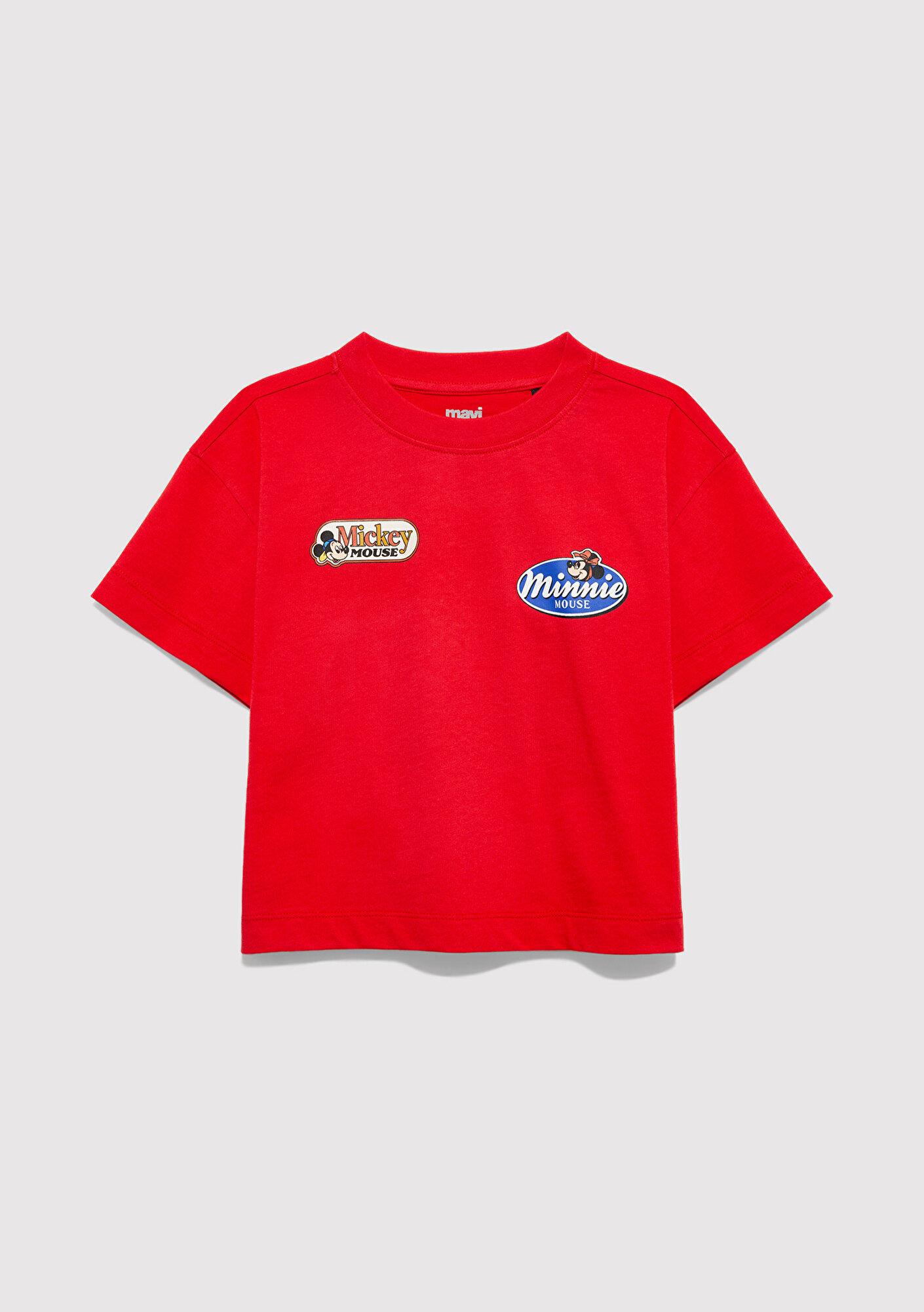Mavi Mickey Mouse Baskılı Kırmızı Tişört Loose Fit / Bol Rahat Kesim 7610420-70478