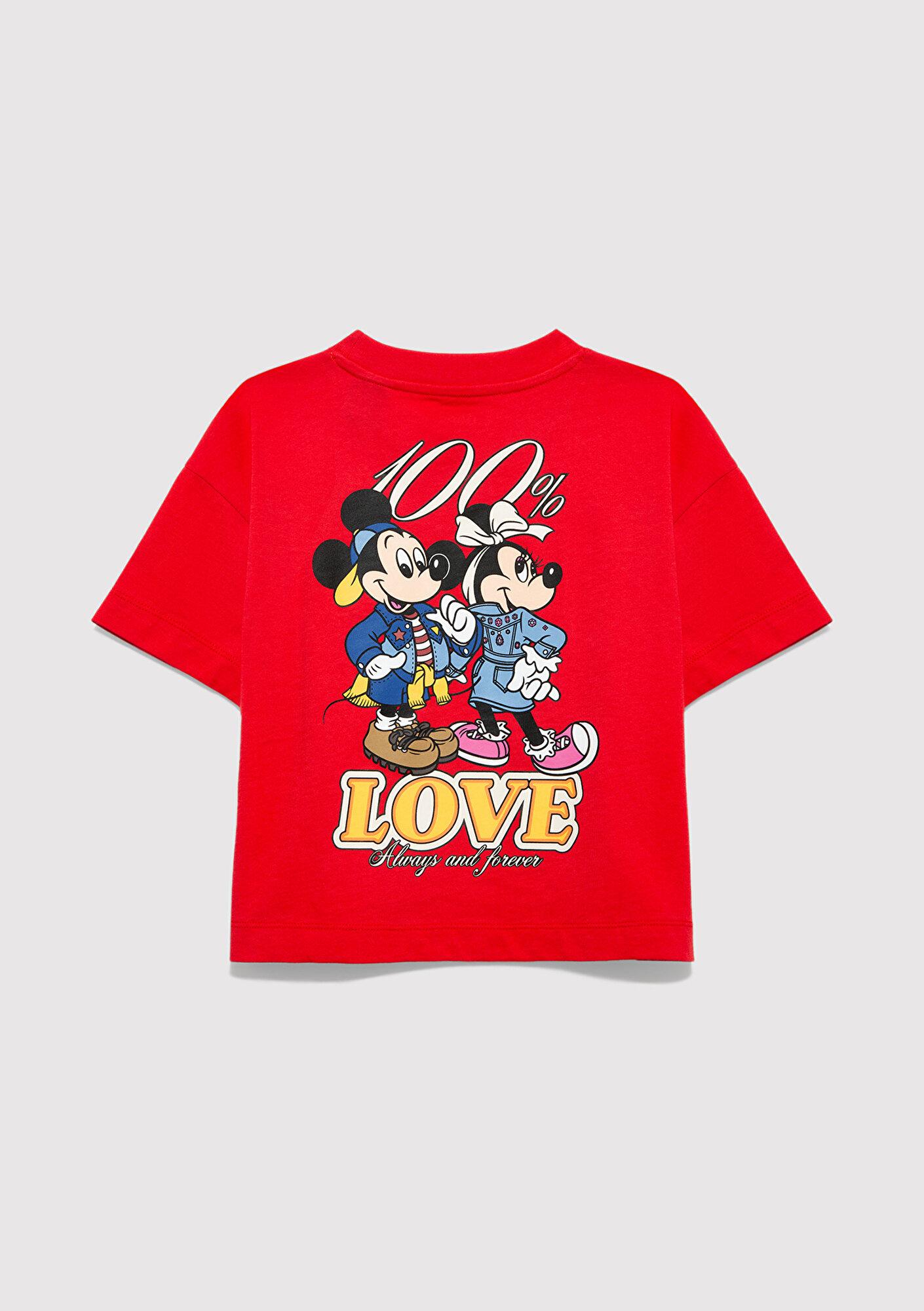 Mavi Mickey Mouse Baskılı Kırmızı Tişört Loose Fit / Bol Rahat Kesim 7610420-70478