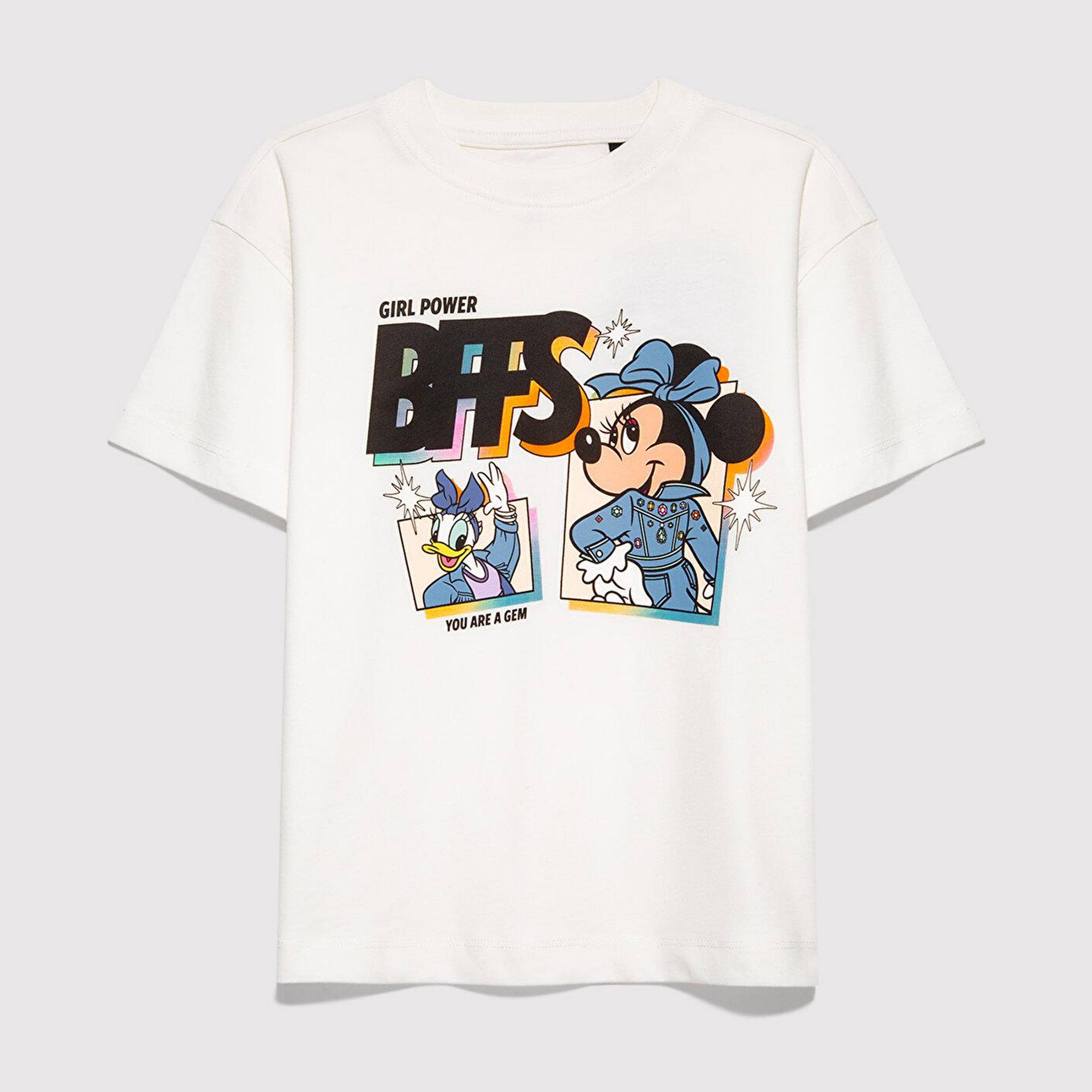 Mavi Mickey Mouse Baskılı Ekru Tişört Loose Fit / Bol Rahat Kesim 7610419-70057