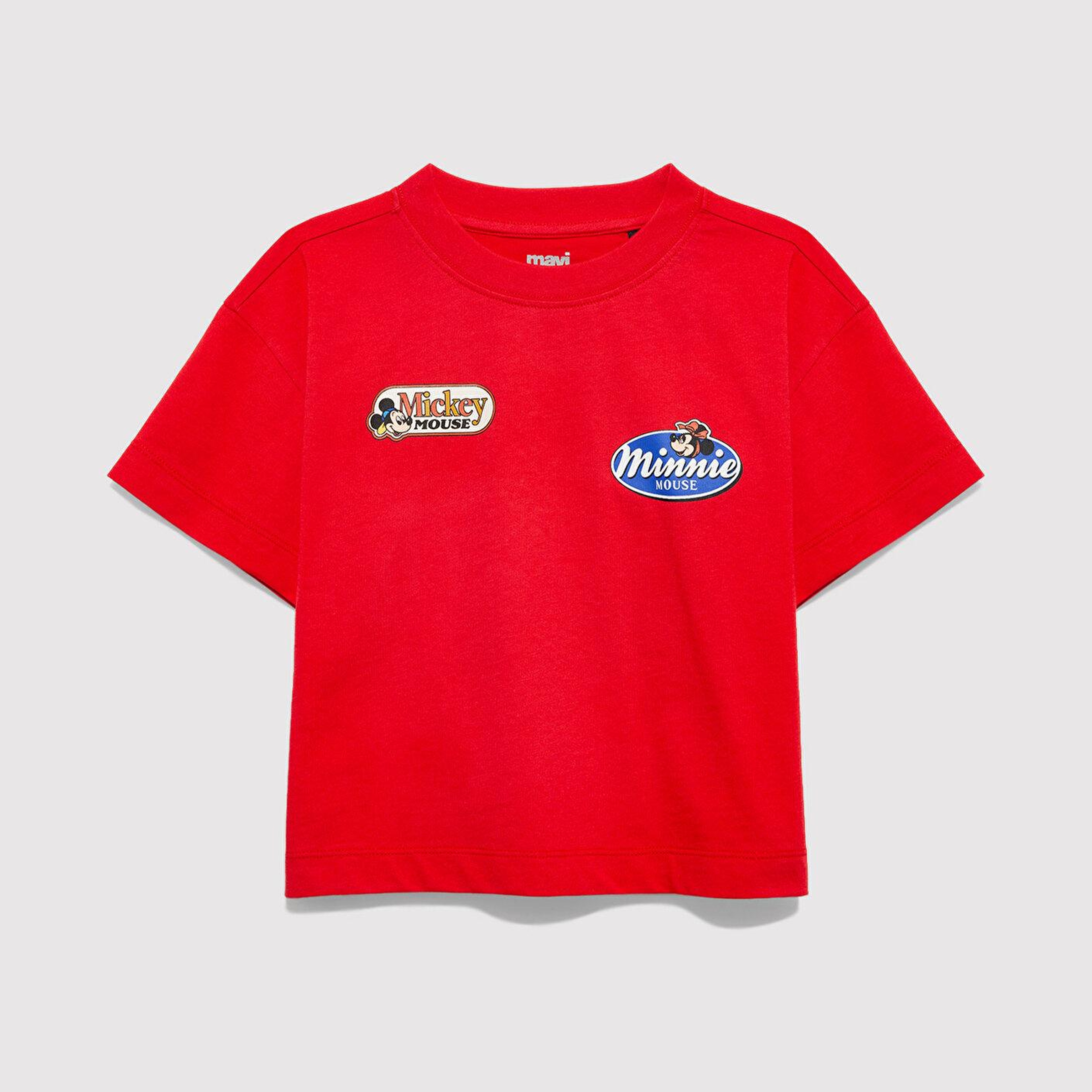 Mavi Mickey Mouse Baskılı Kırmızı Tişört Loose Fit / Bol Rahat Kesim 7610420-70478