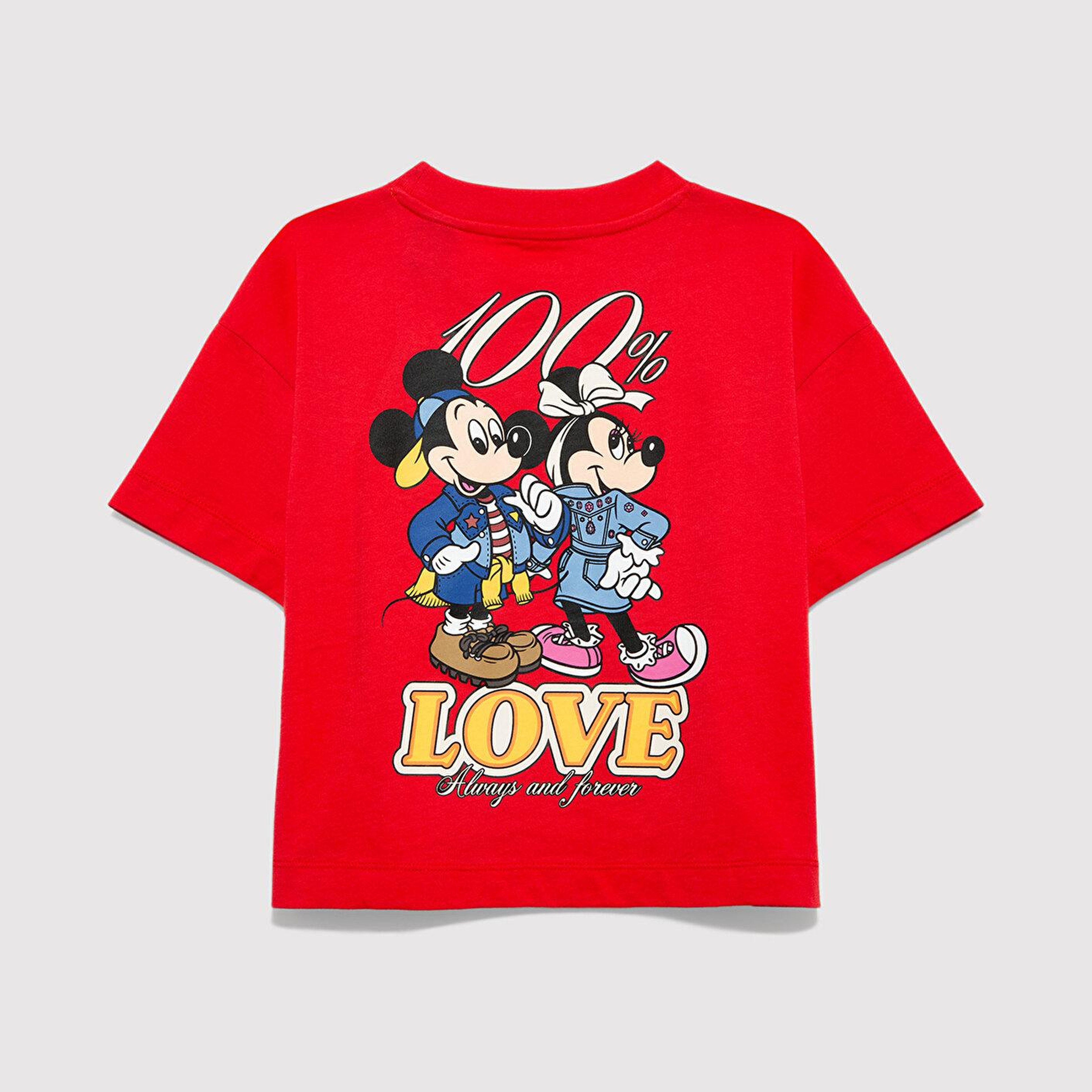 Mavi Mickey Mouse Baskılı Kırmızı Tişört Loose Fit / Bol Rahat Kesim 7610420-70478