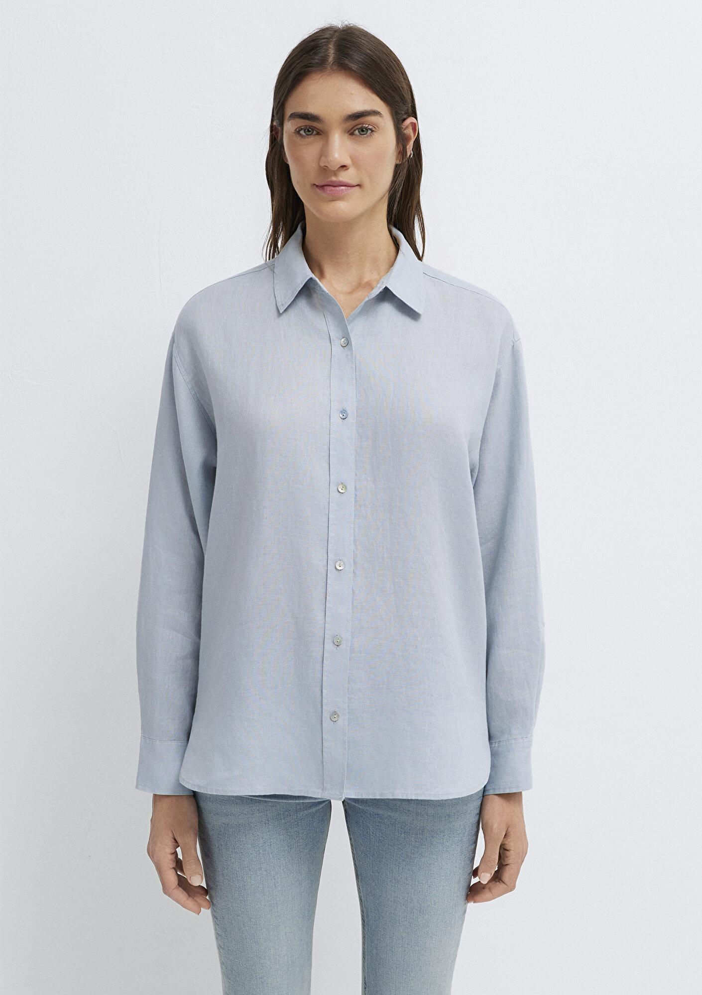 Mavi Açık Mavi Keten Gömlek Loose Fit / Bol Rahat Kesim 1210747-70802