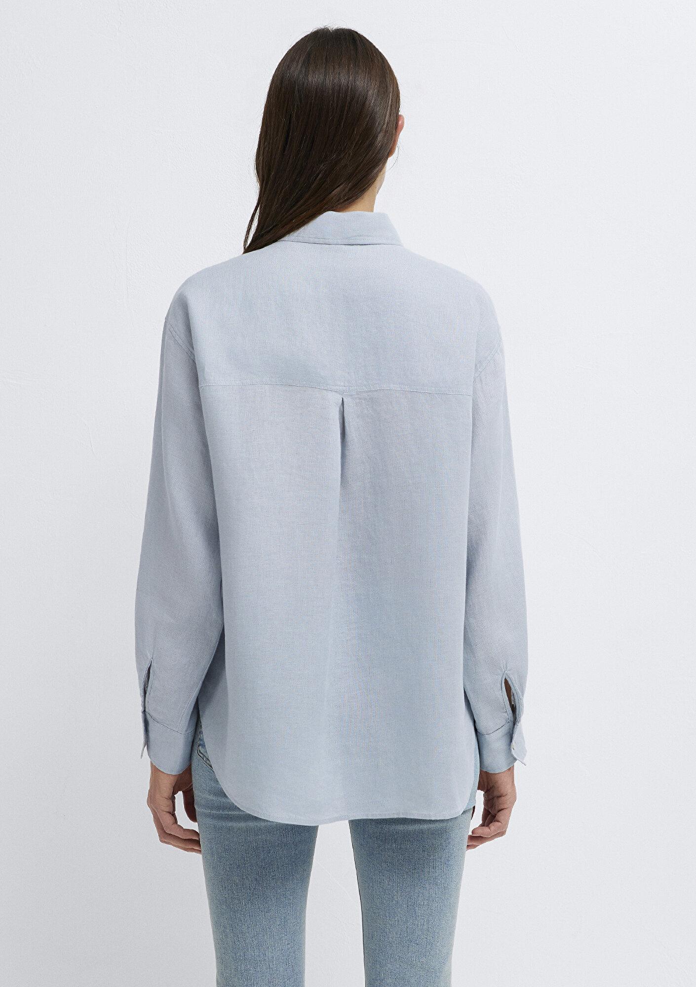 Mavi Açık Mavi Keten Gömlek Loose Fit / Bol Rahat Kesim 1210747-70802