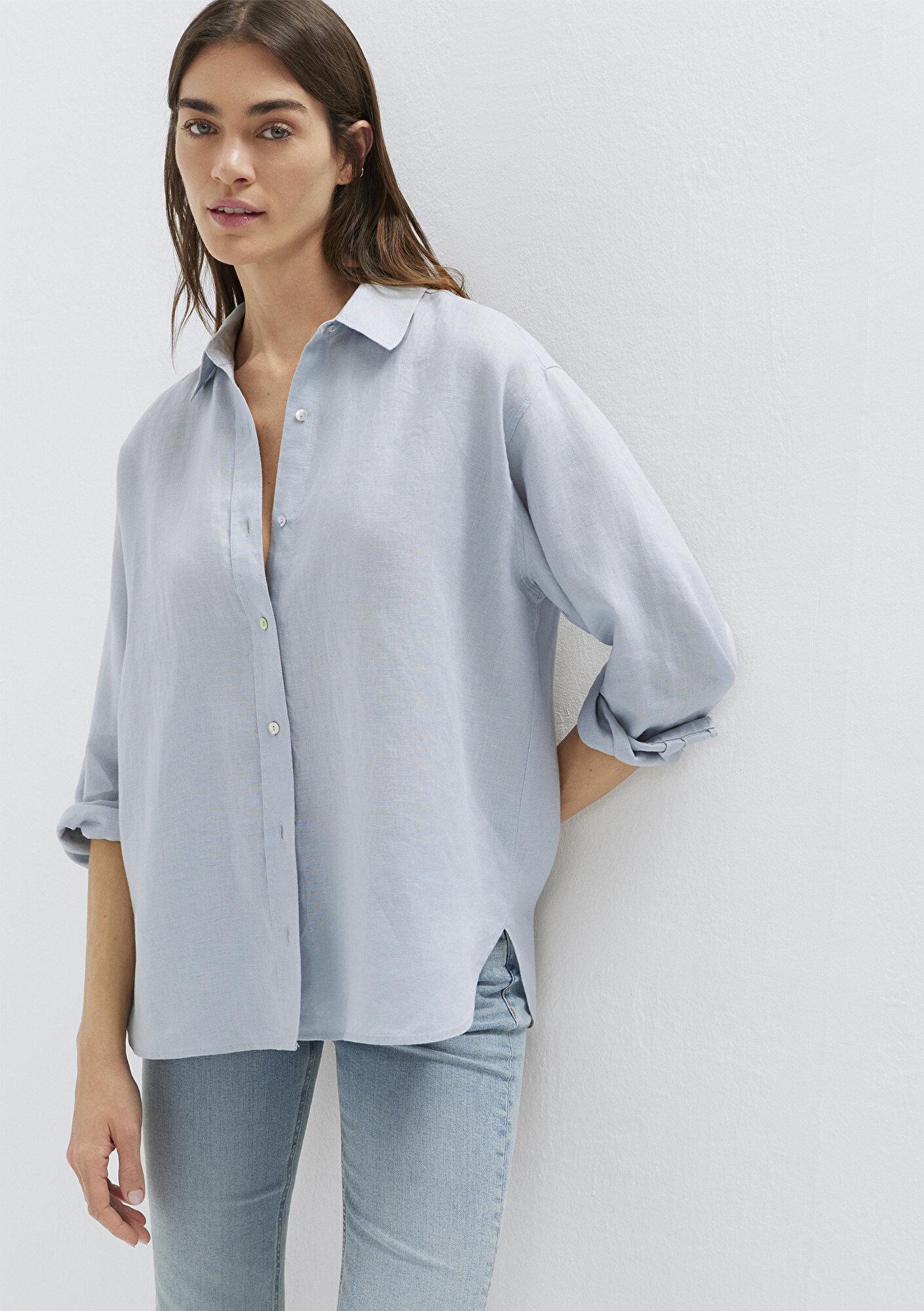 Mavi Açık Mavi Keten Gömlek Loose Fit / Bol Rahat Kesim 1210747-70802